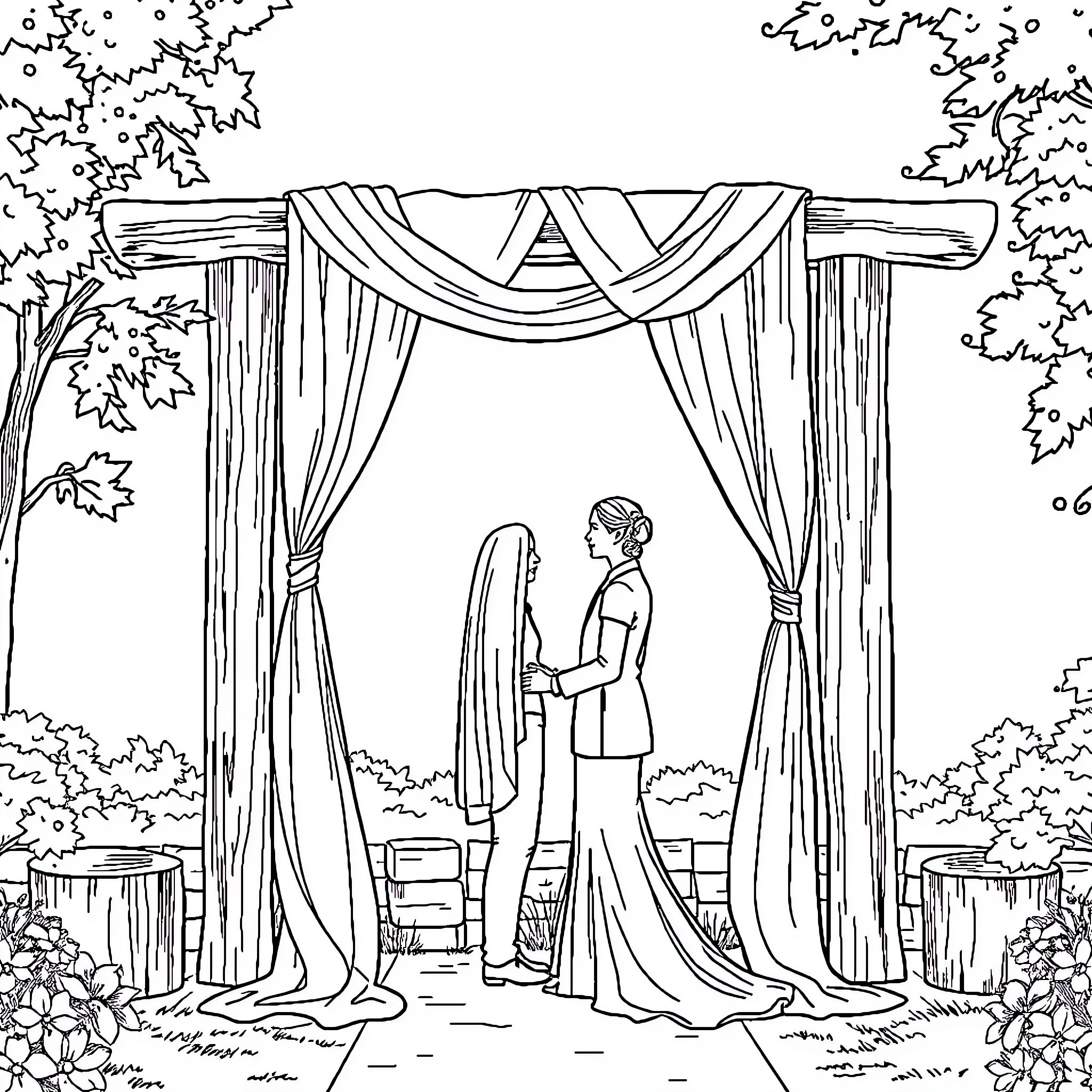 Bride and Groom exchanging vows under decorated archway Coloring Page (free black-and-white line drawing printable PDF for all, from beginners to advanced learners, including children, teens, adults, and seniors)