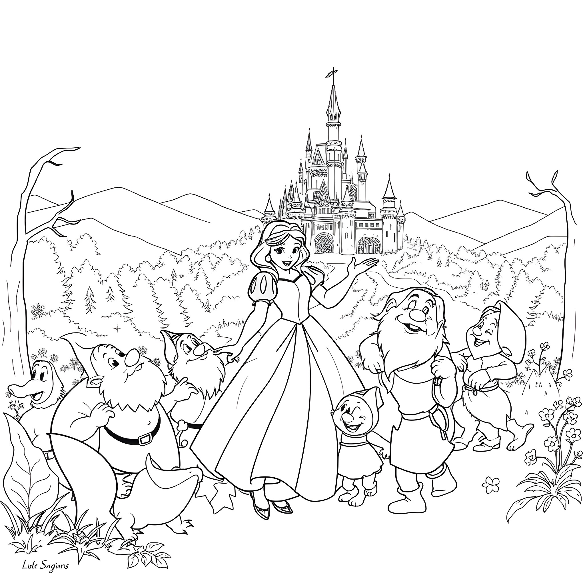 Snow White and the Seven Dwarfs exploring the magical castle Coloring Page (free black-and-white line drawing printable PDF for all, from beginners to advanced learners, including children, teens, adults, and seniors)