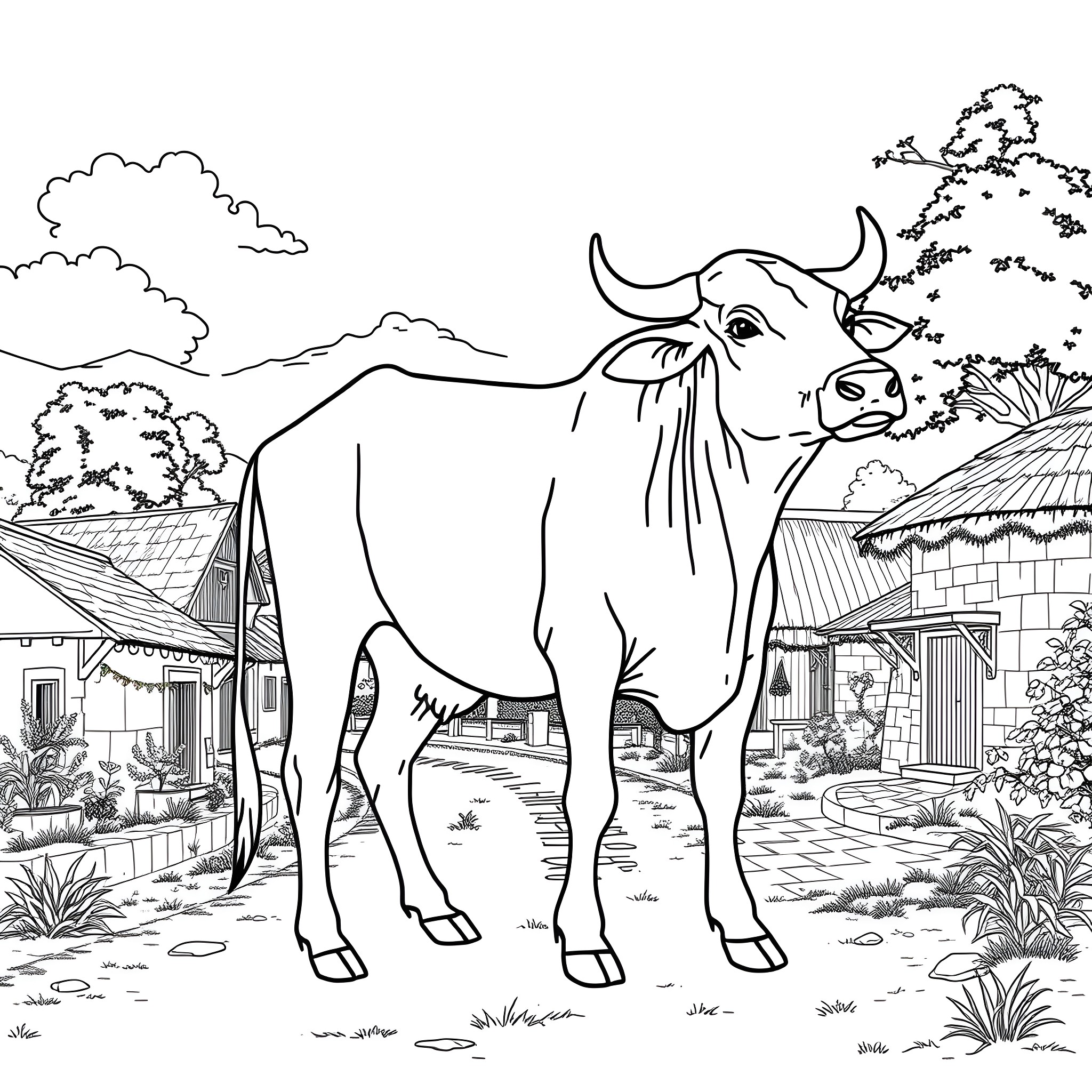 Cow standing contentedly in a rural landscape Coloring Page (free black-and-white line drawing printable PDF for all, from beginners to advanced learners, including children, teens, adults, and seniors)