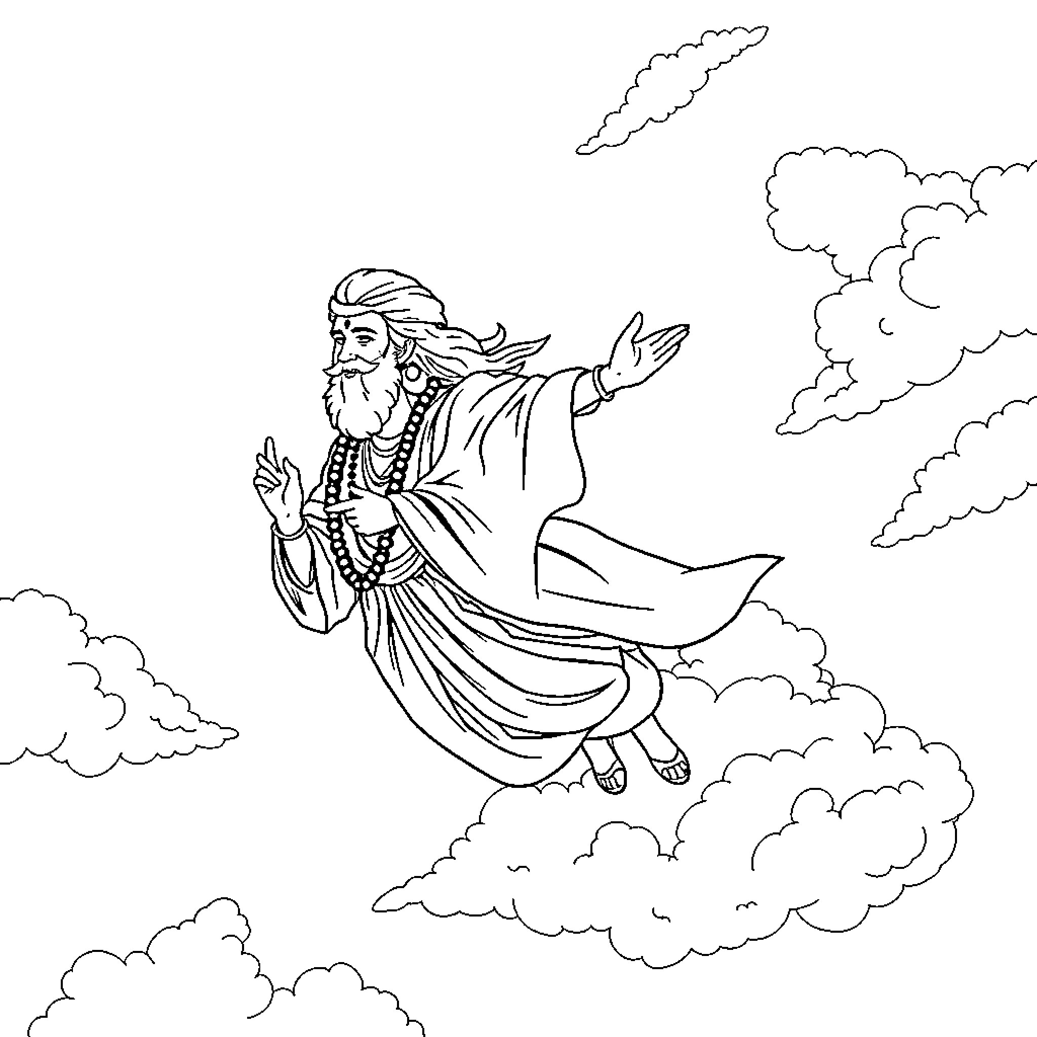Sai Baba levitating in spiritual meditation Coloring Page (free black-and-white line drawing printable PDF for all, from beginners to advanced learners, including children, teens, adults, and seniors)