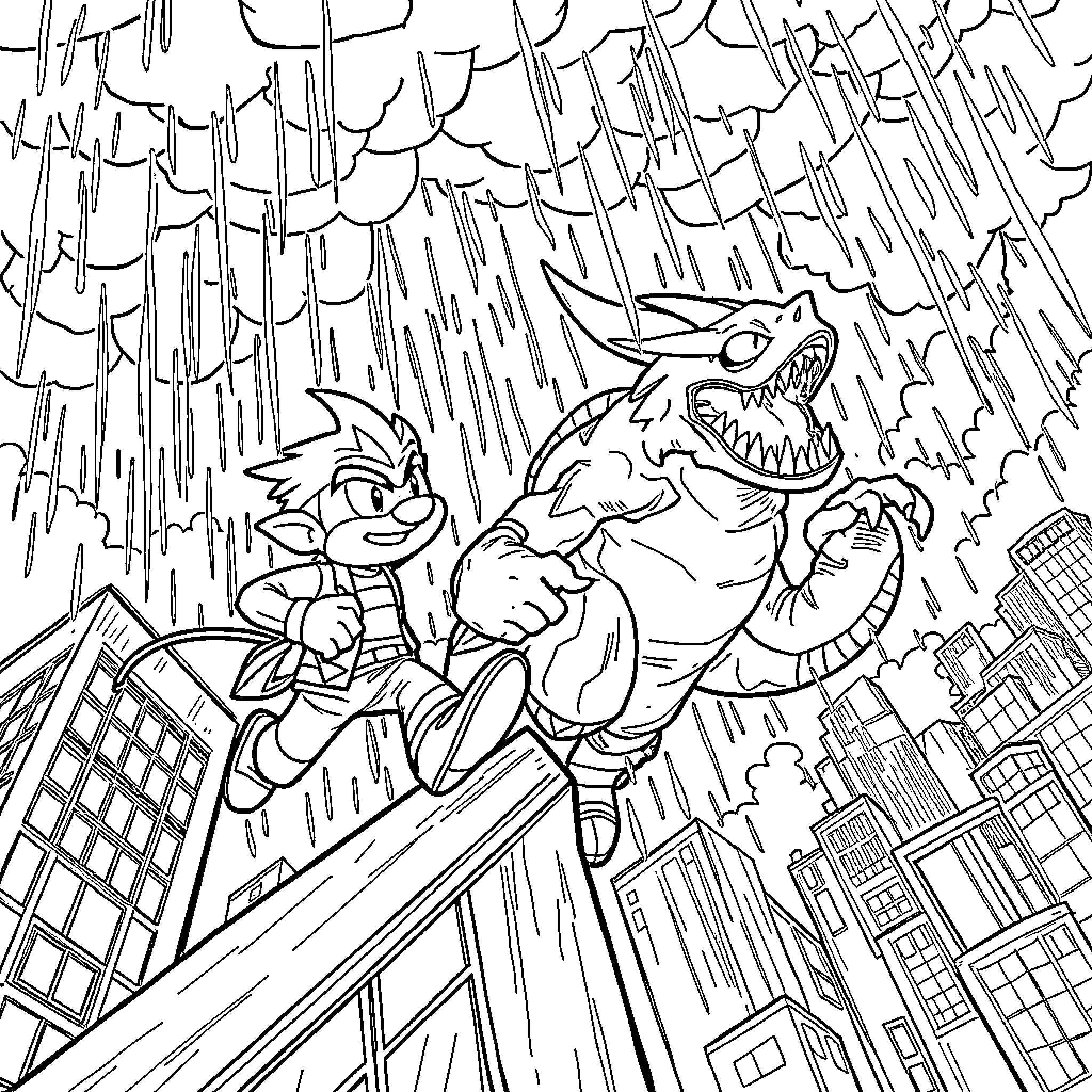 Sly Cooper and the Ferocious Creature's Epic Urban Showdown Coloring Page (free black-and-white line drawing printable PDF for all, from beginners to advanced learners, including children, teens, adults, and seniors)
