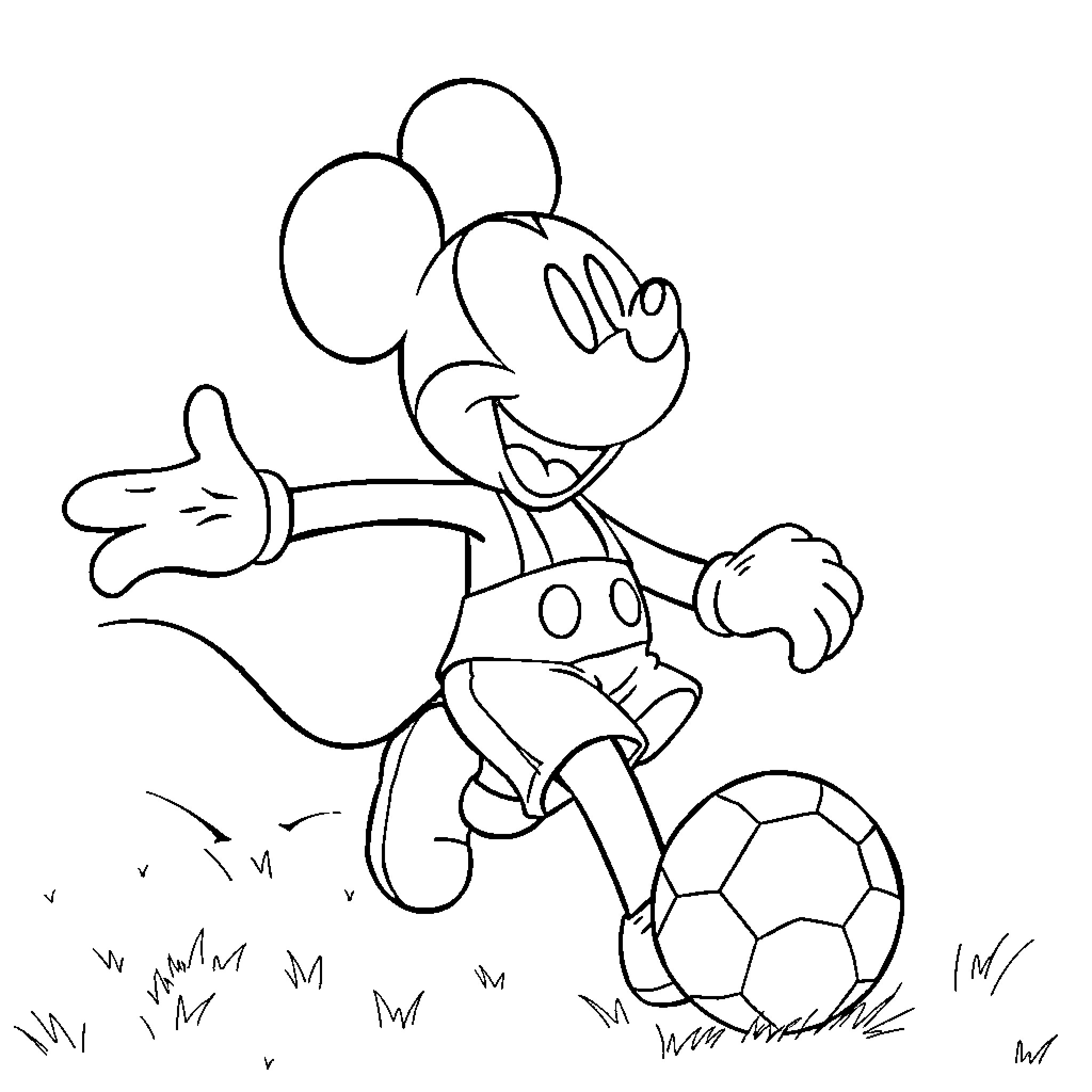 Mickey Mouse playing with a soccer ball Coloring Page (free black-and-white line drawing printable PDF for all, from beginners to advanced learners, including children, teens, adults, and seniors)