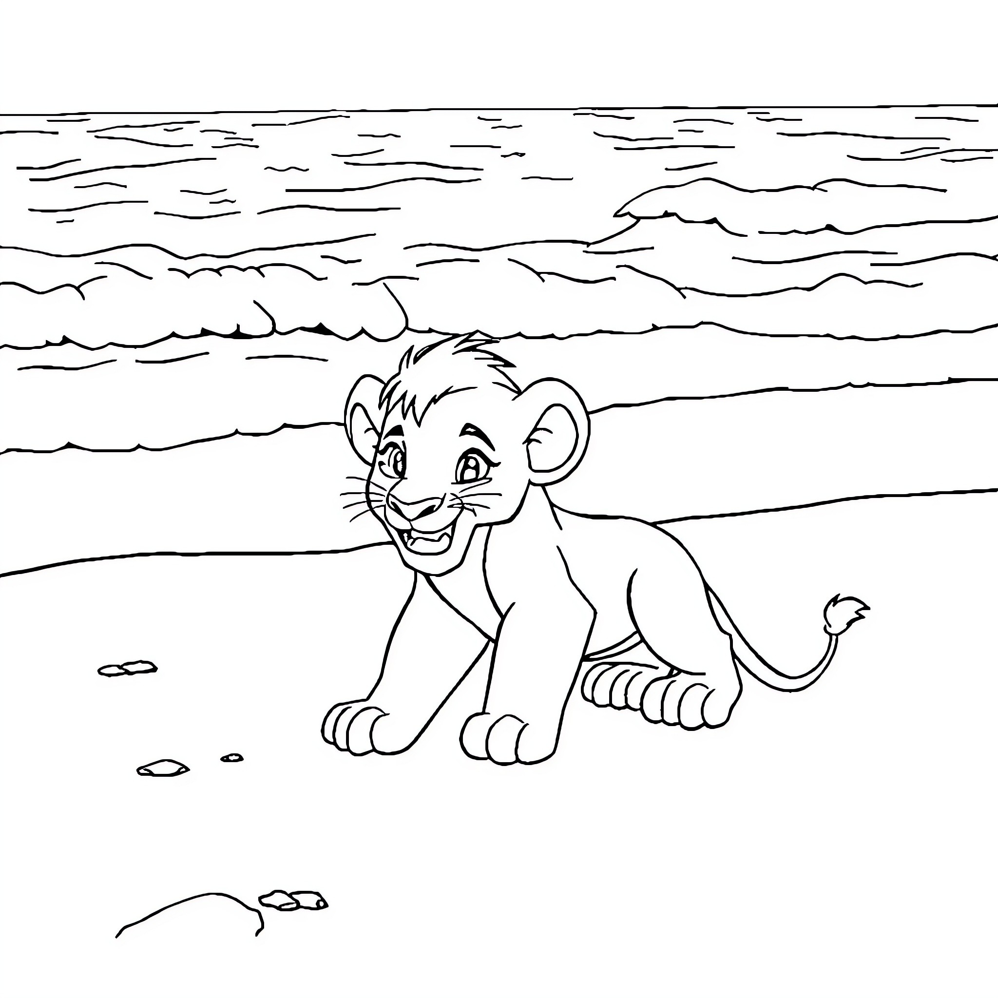 Simba exploring the wilderness with excitement Coloring Page (free black-and-white line drawing printable PDF for all, from beginners to advanced learners, including children, teens, adults, and seniors)