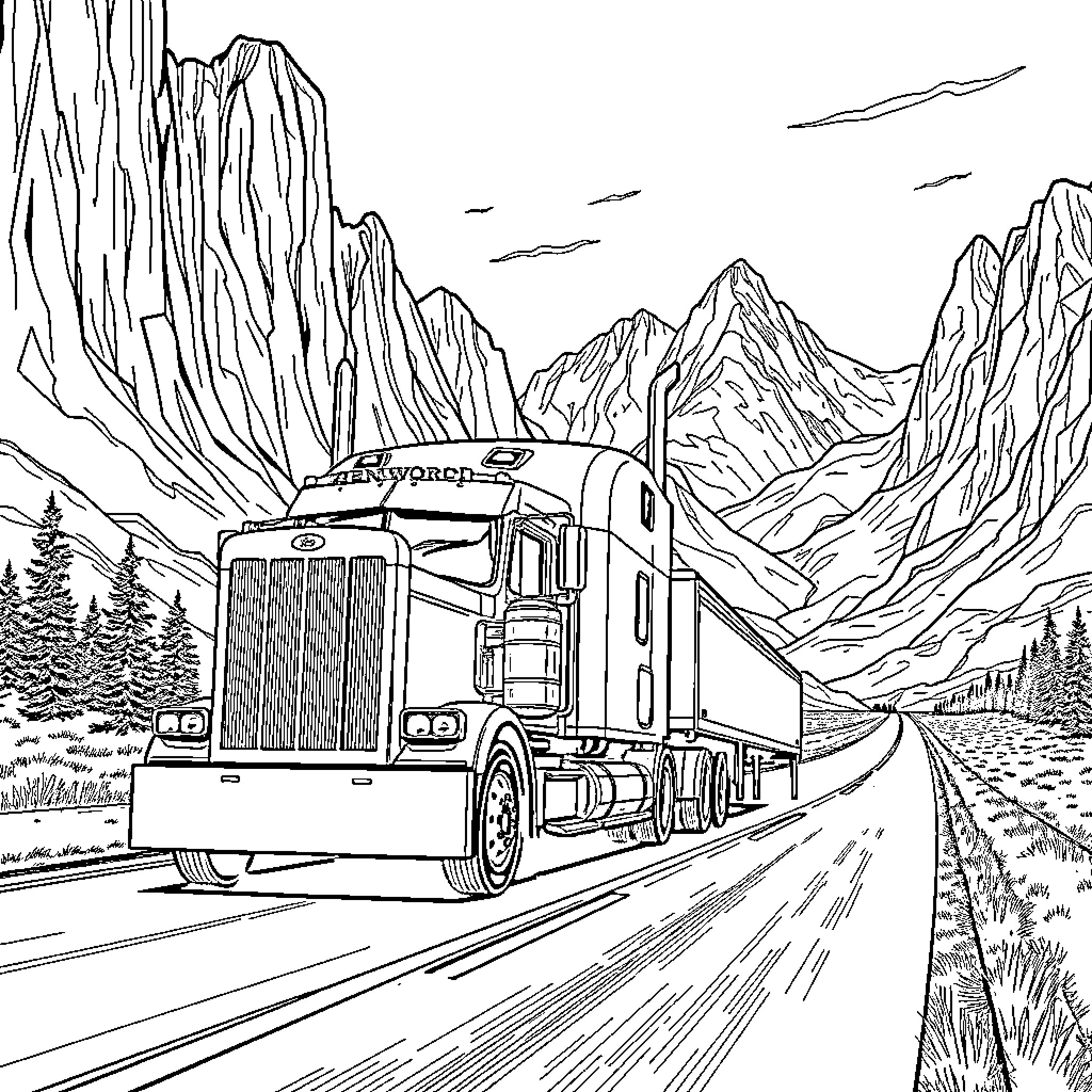 Truck Driving Through Majestic Mountain Landscape Coloring Page (free black-and-white line drawing printable PDF for all, from beginners to advanced learners, including children, teens, adults, and seniors)