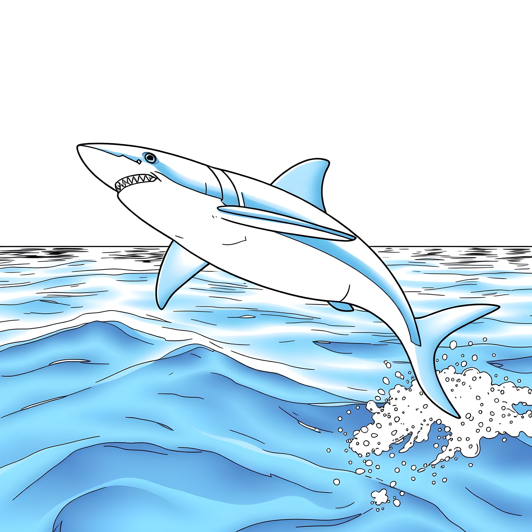 Shark jumping out of the ocean with splash Coloring Page (free black-and-white line drawing printable PDF for all, from beginners to advanced learners, including children, teens, adults, and seniors)