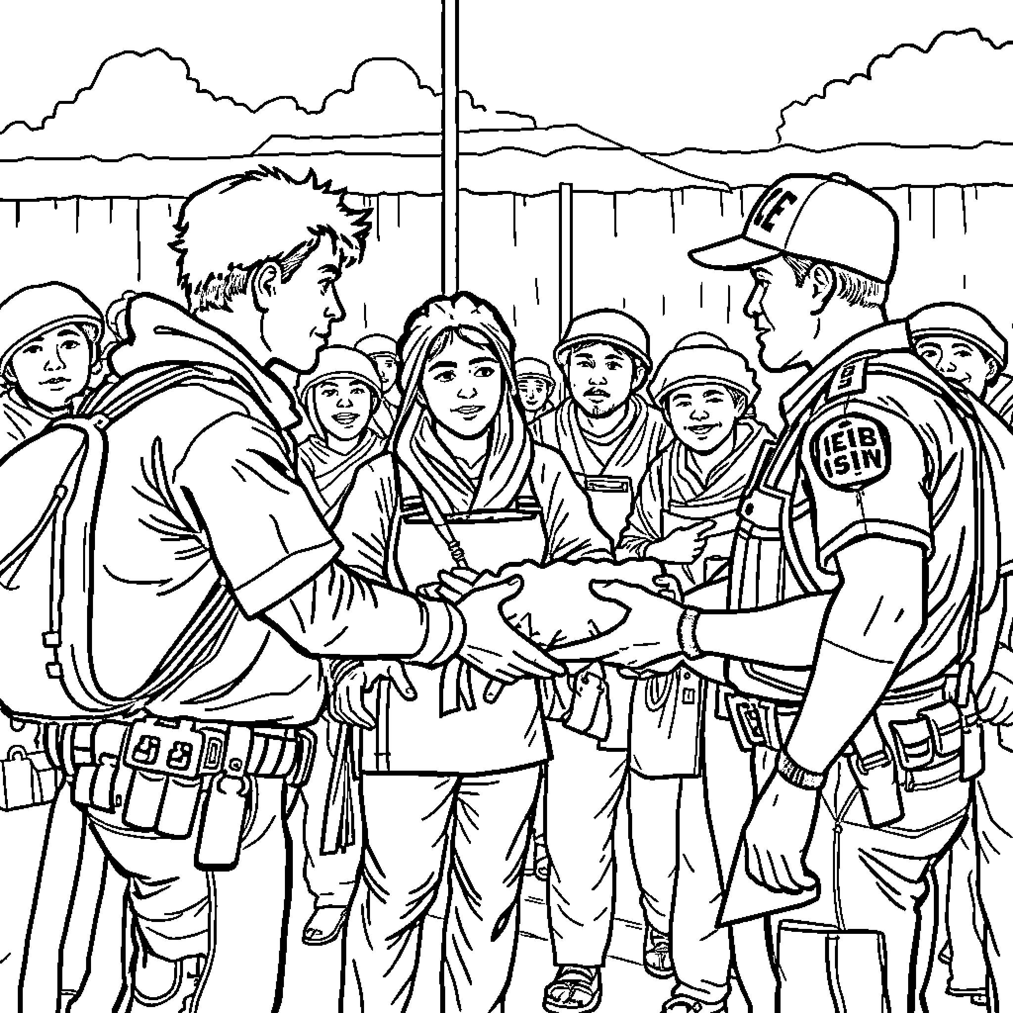 Migrant Workers Gather During Difficult Times Coloring Page (free black-and-white line drawing printable PDF for all, from beginners to advanced learners, including children, teens, adults, and seniors)