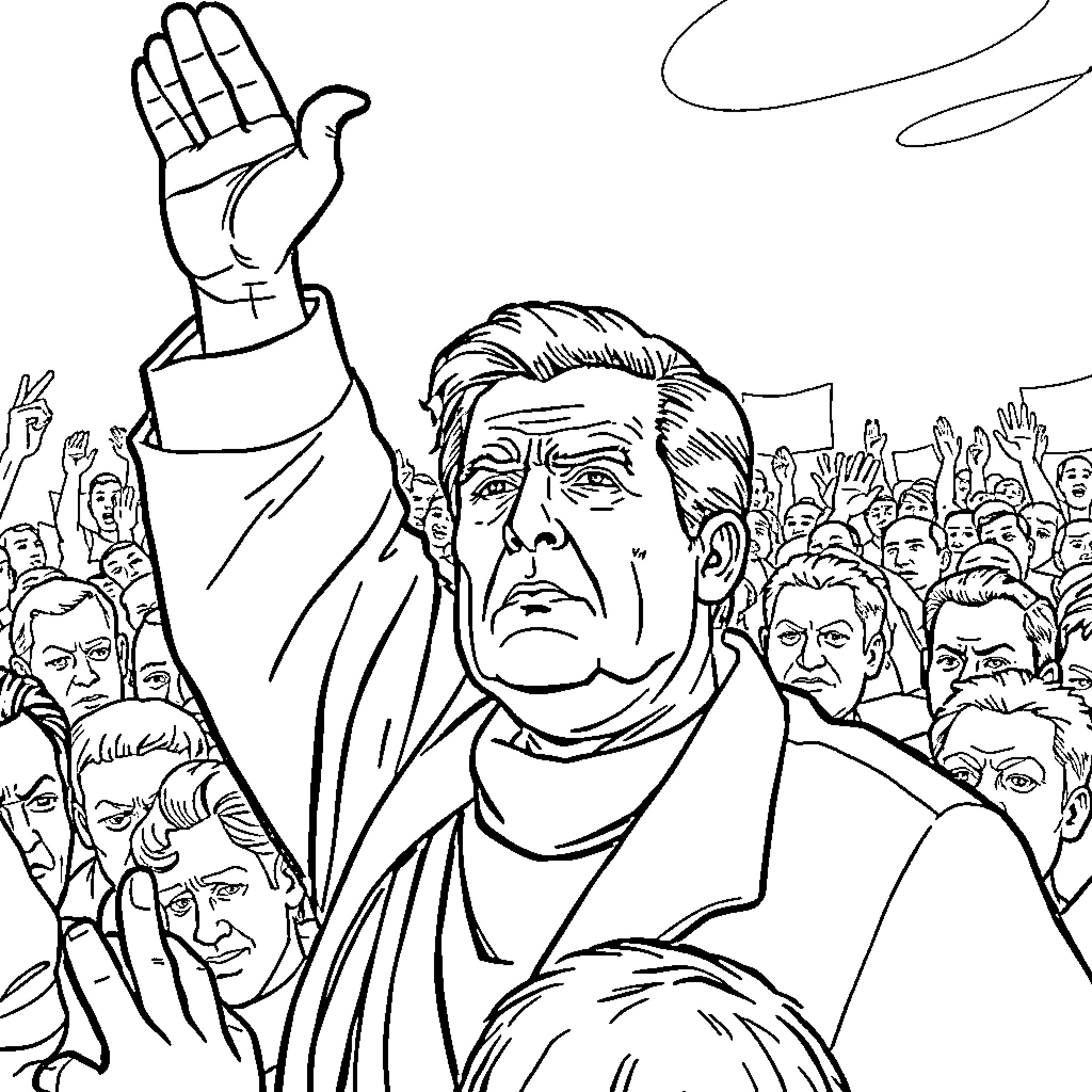 Trump addressing a crowd with raised hand Coloring Page (free black-and-white line drawing printable PDF for all, from beginners to advanced learners, including children, teens, adults, and seniors)