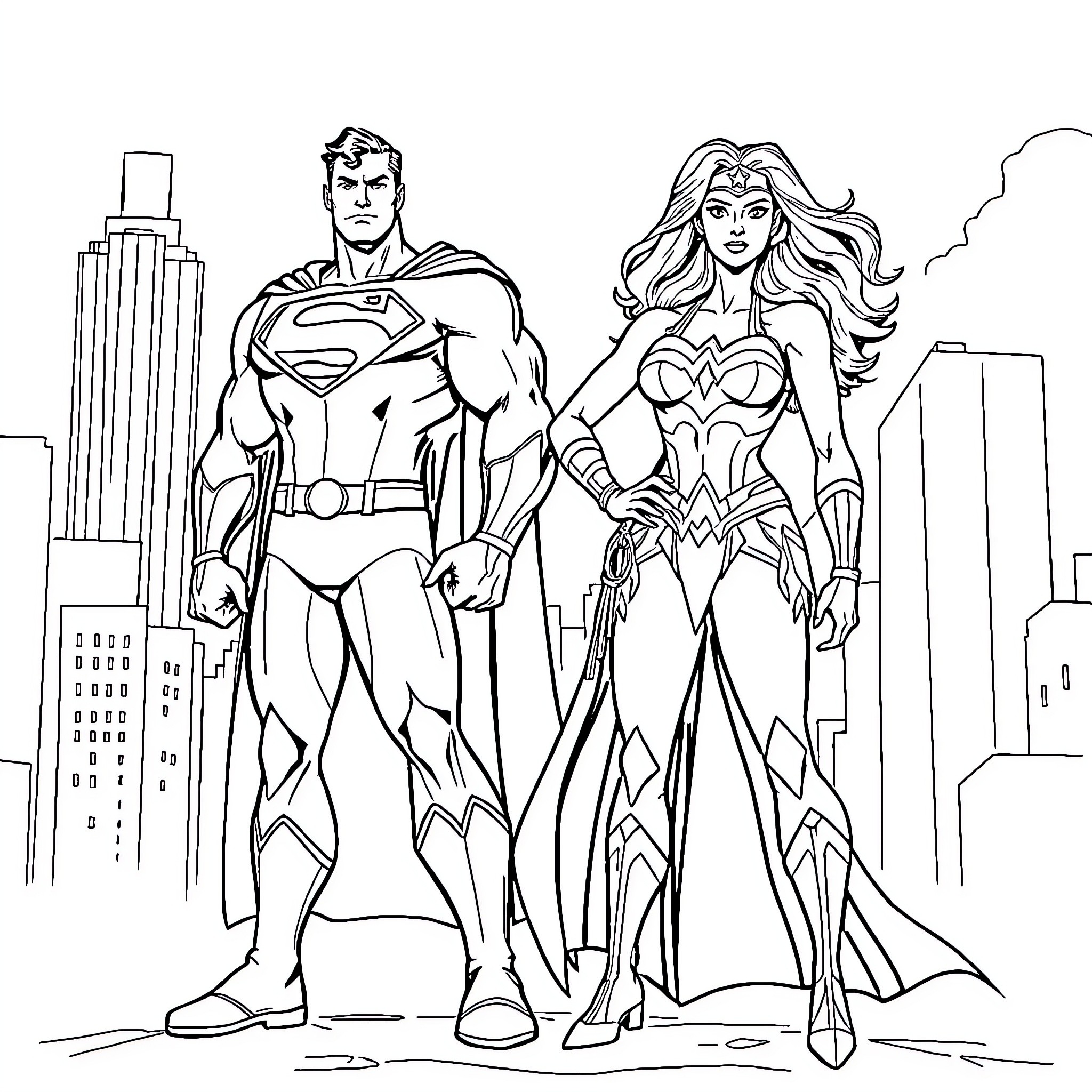Superman and Wonder Woman heroic figures in the city Coloring Page (free black-and-white line drawing printable PDF for all, from beginners to advanced learners, including children, teens, adults, and seniors)