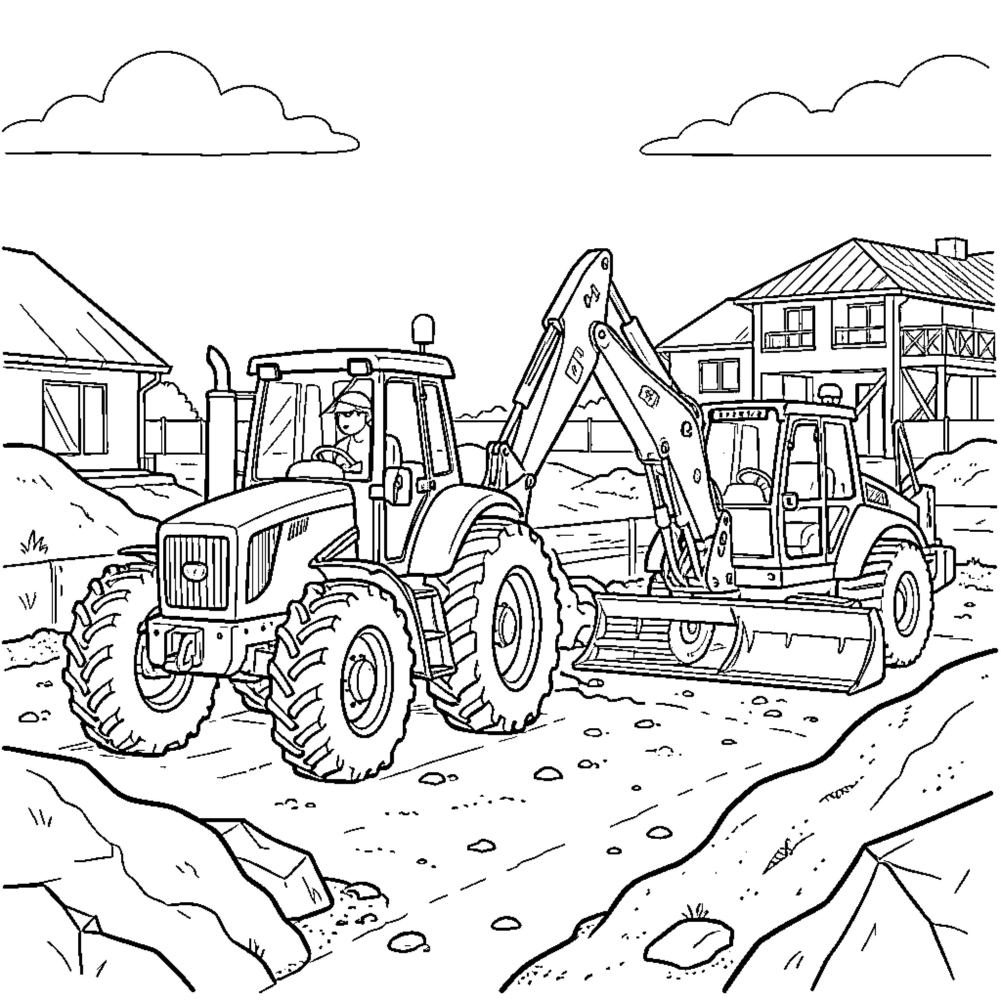 Tractor operating at construction site Coloring Page (free black-and-white line drawing printable PDF for all, from beginners to advanced learners, including children, teens, adults, and seniors)