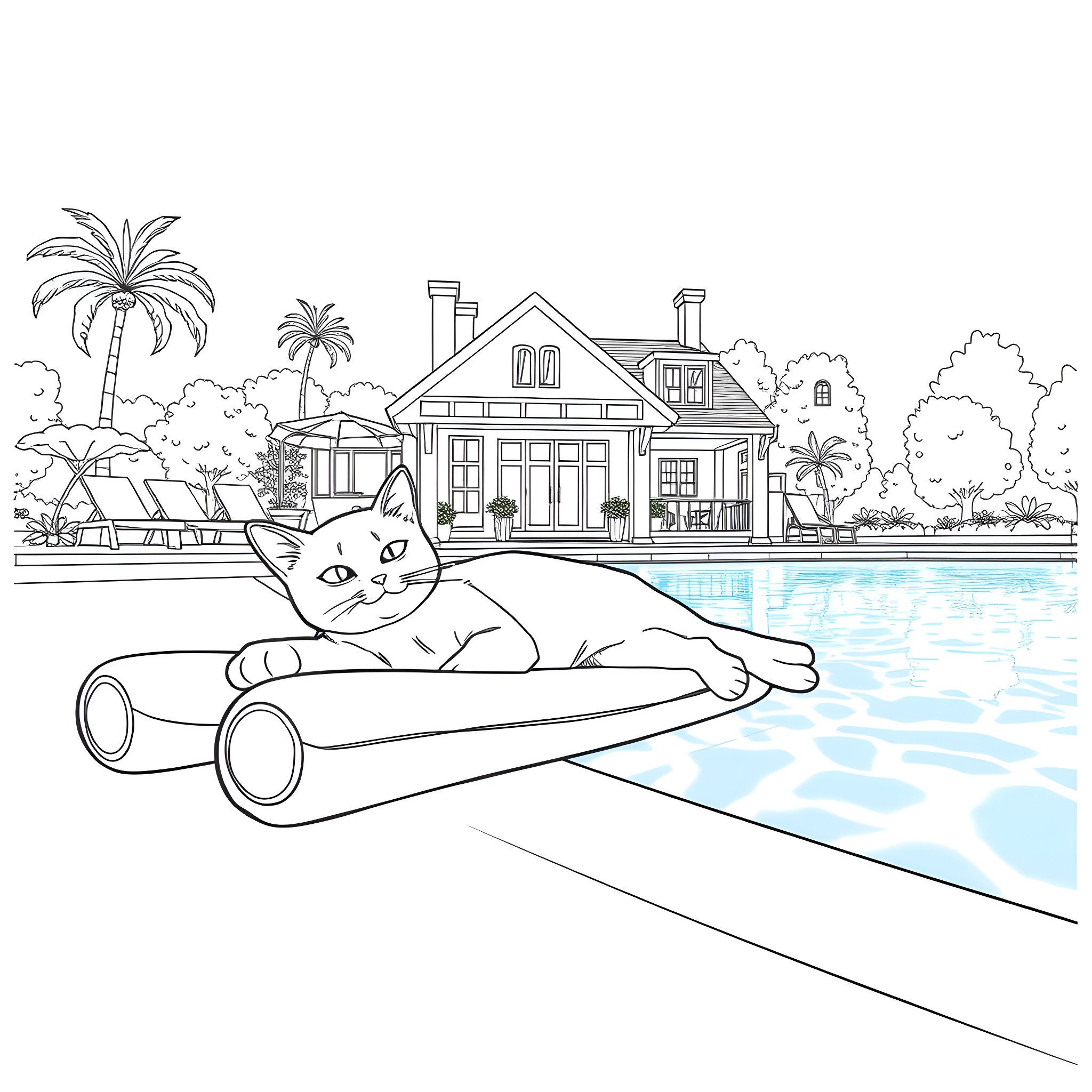 Cat relaxing on a pool float in a tropical backyard Coloring Page (free black-and-white line drawing printable PDF for all, from beginners to advanced learners, including children, teens, adults, and seniors)