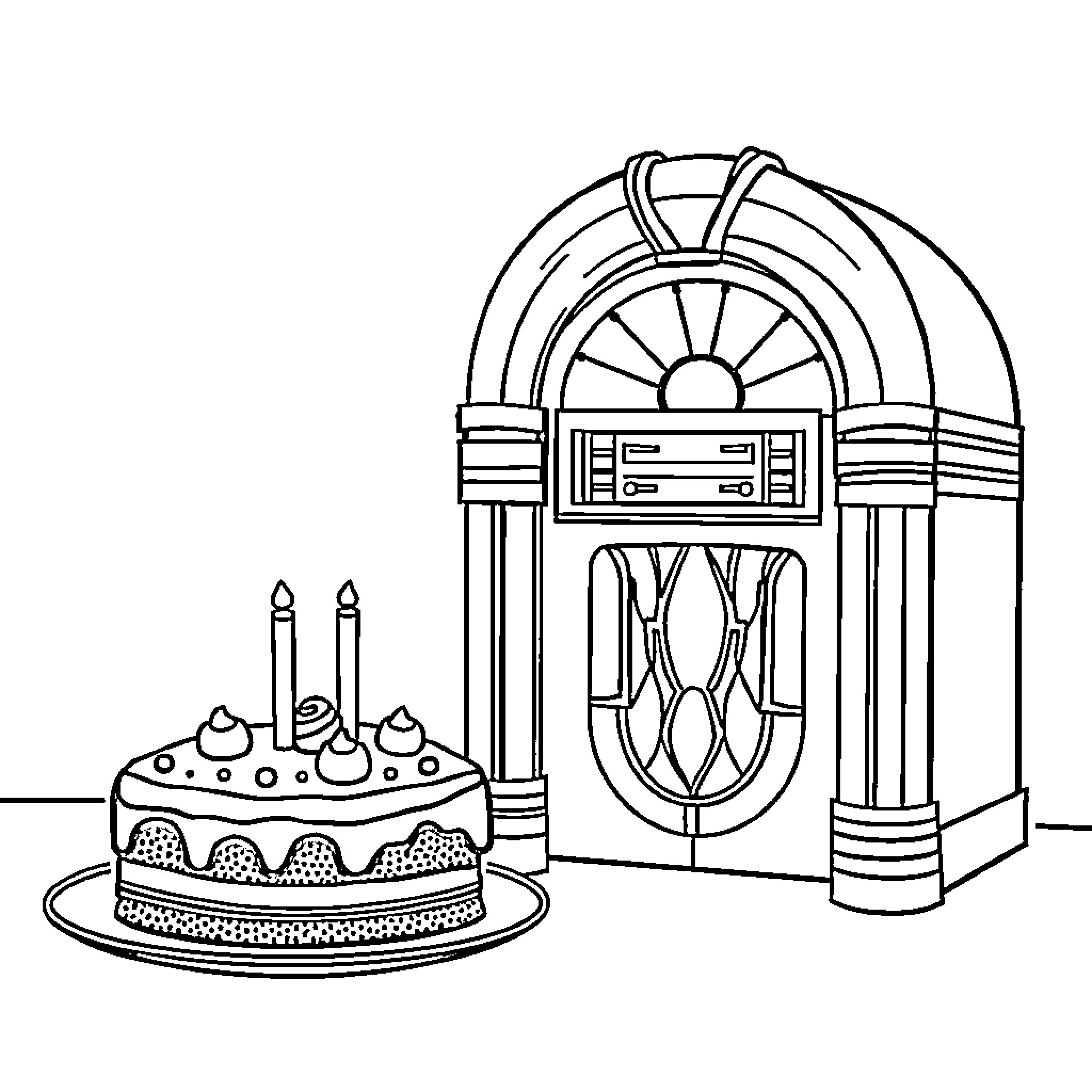 Jukebox with Cake and Candles Coloring Page (free black-and-white line drawing printable PDF for all, from beginners to advanced learners, including children, teens, adults, and seniors)