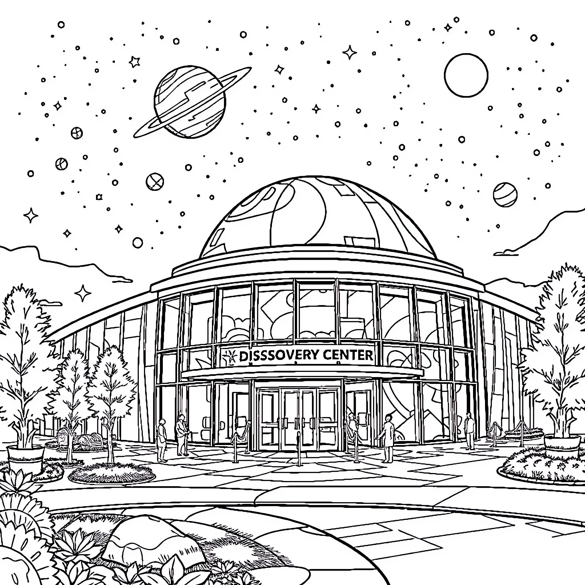 Discovery Center with Cosmic Landscape Coloring Page (free black-and-white line drawing printable PDF for all, from beginners to advanced learners, including children, teens, adults, and seniors)