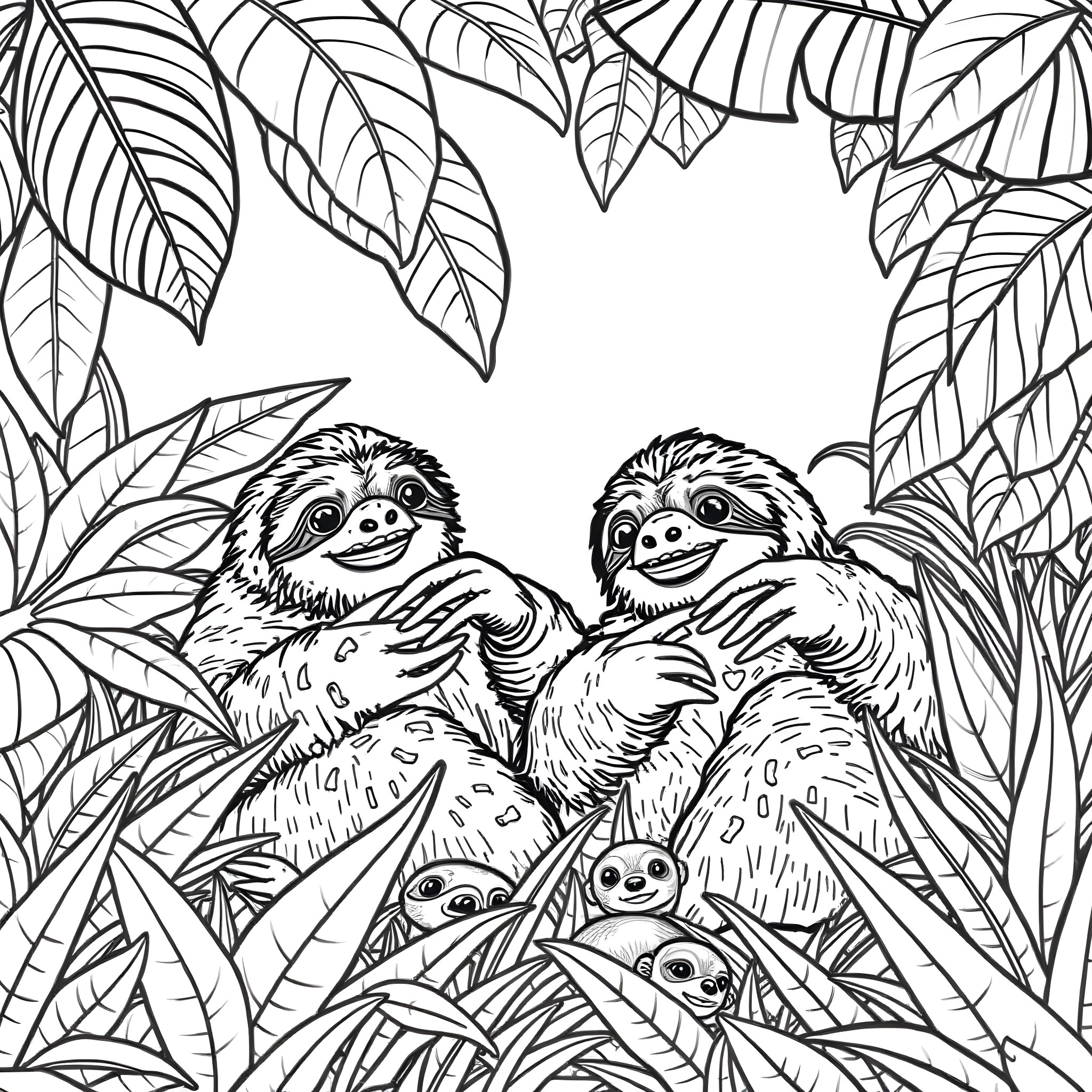 Sloth family in lush tropical foliage Coloring Page (free black-and-white line drawing printable PDF for all, from beginners to advanced learners, including children, teens, adults, and seniors)