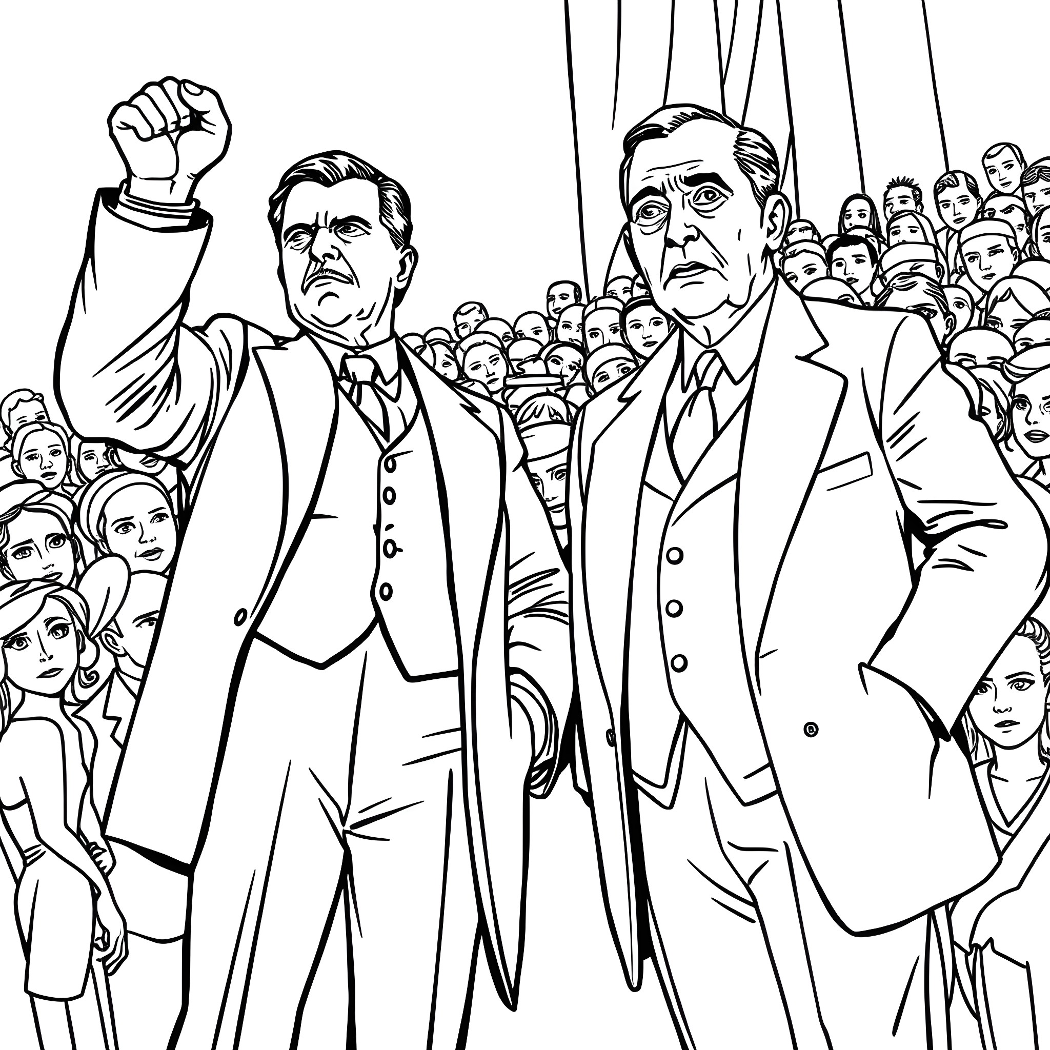 Theodore Roosevelt Inspiring the Crowd in Formal Attire Coloring Page (free black-and-white line drawing printable PDF for all, from beginners to advanced learners, including children, teens, adults, and seniors)