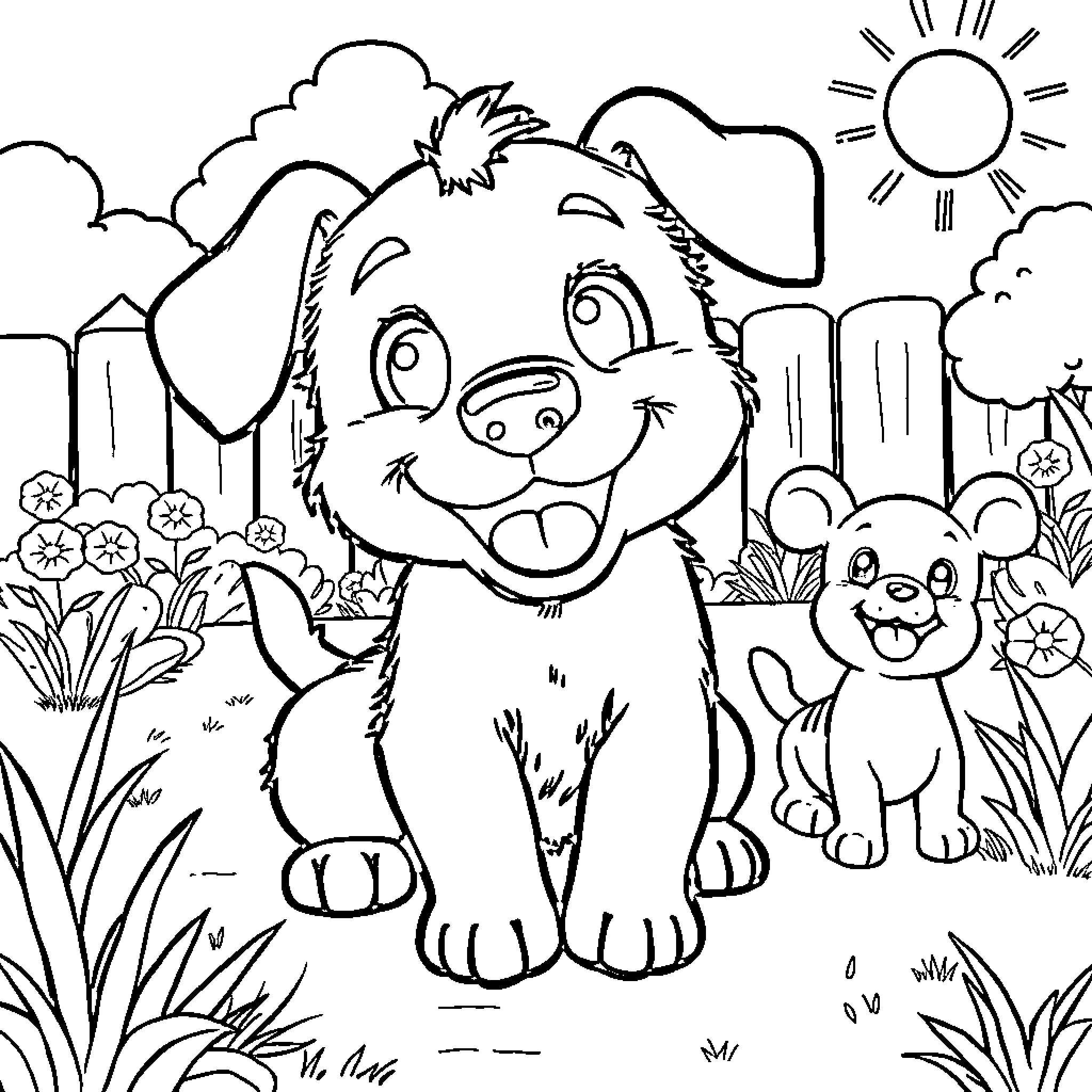 Bluey and her friend playing happily outdoors Coloring Page (free black-and-white line drawing printable PDF for all, from beginners to advanced learners, including children, teens, adults, and seniors)