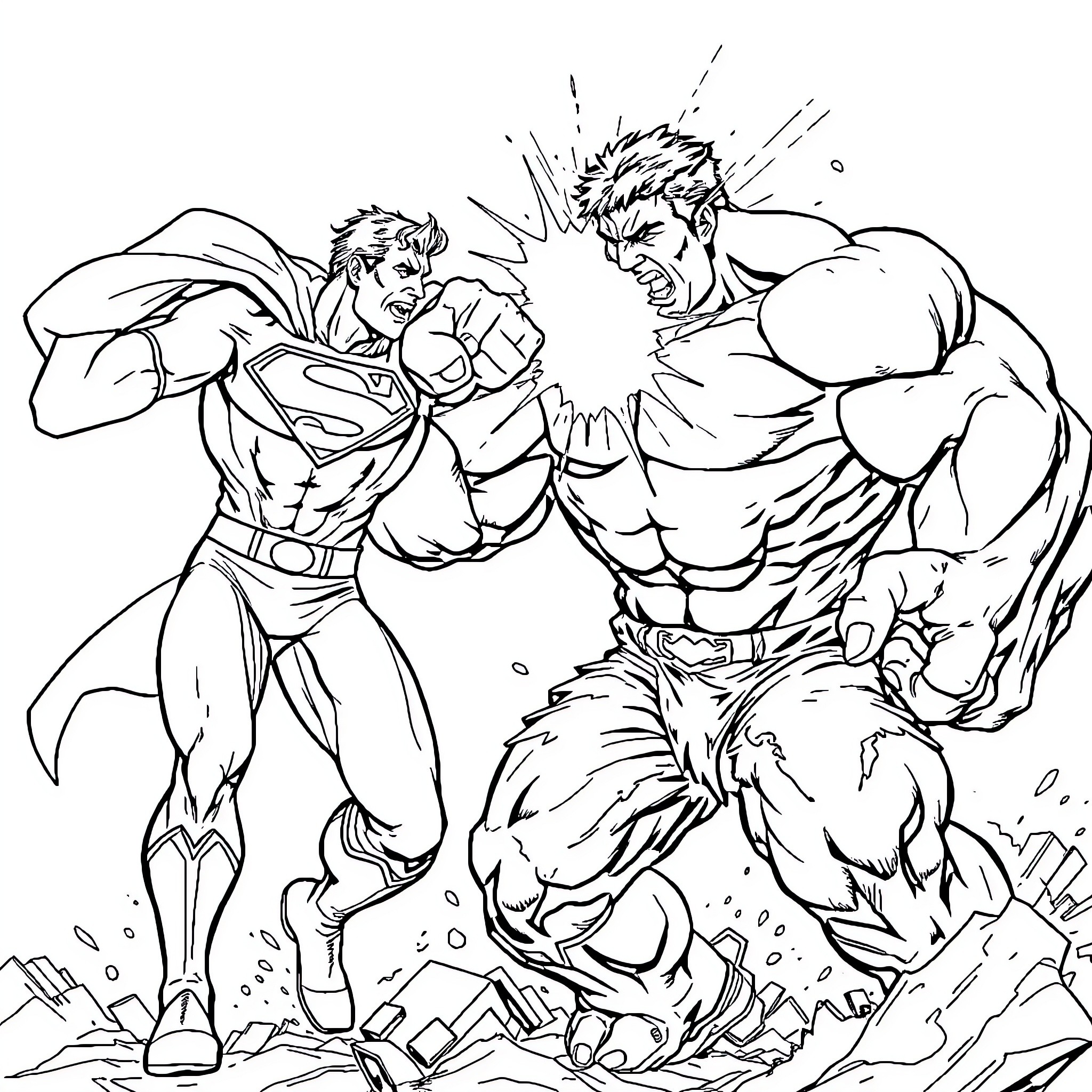 Superman battling a muscular opponent in an intense fight Coloring Page (free black-and-white line drawing printable PDF for all, from beginners to advanced learners, including children, teens, adults, and seniors)