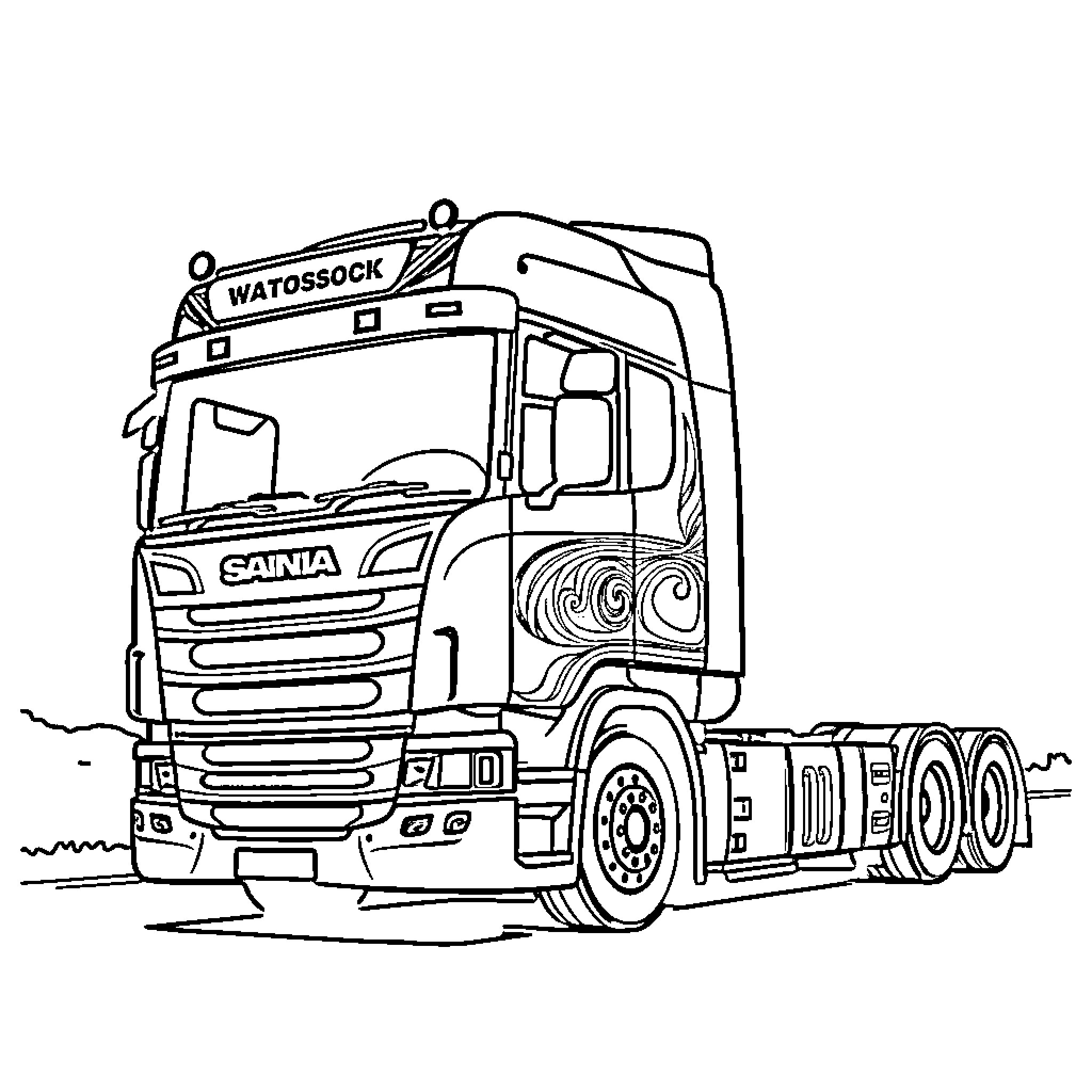 Scania semi-truck on the road Coloring Page (free black-and-white line drawing printable PDF for all, from beginners to advanced learners, including children, teens, adults, and seniors)