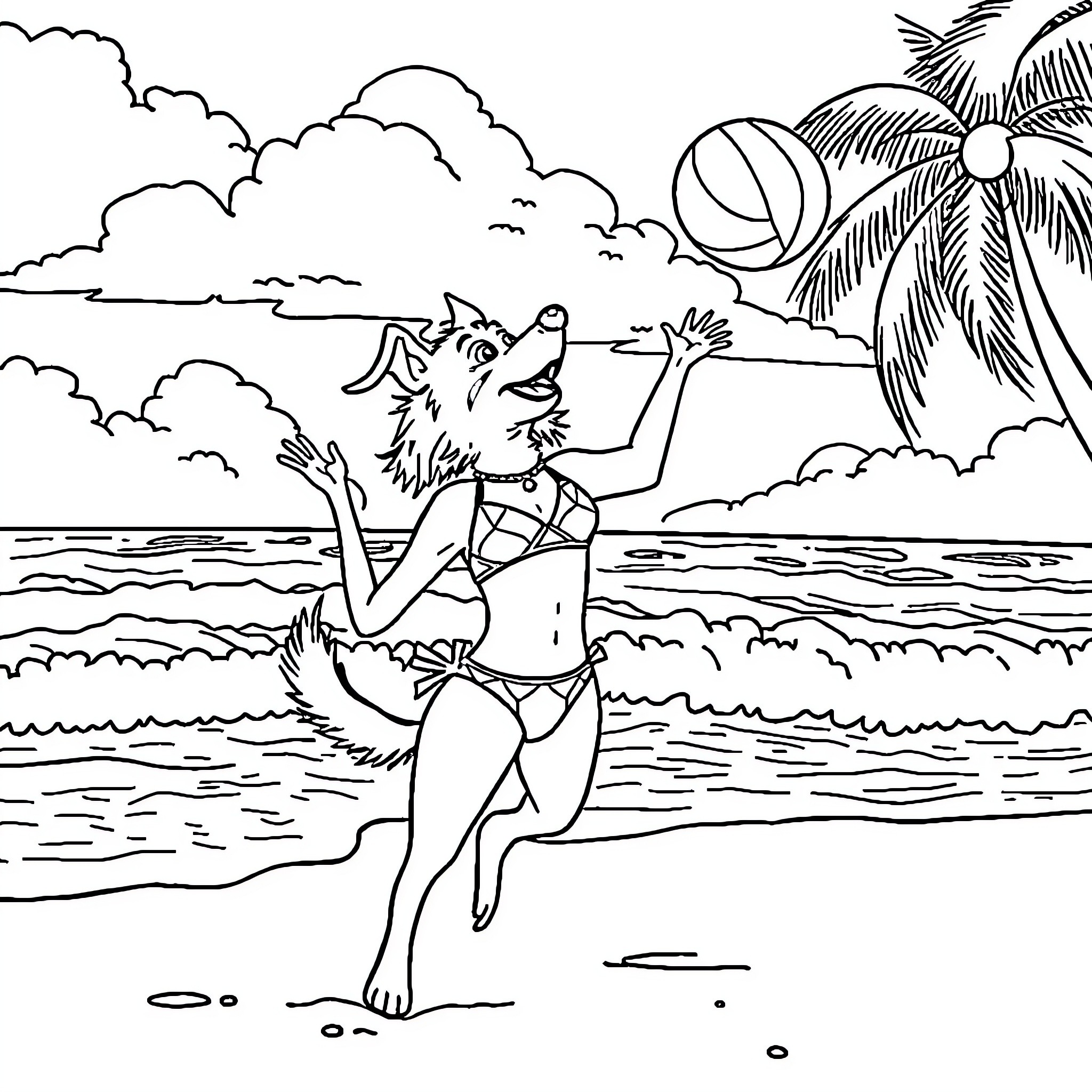 Dog playing with beach ball on tropical beach Coloring Page (free black-and-white line drawing printable PDF for all, from beginners to advanced learners, including children, teens, adults, and seniors)