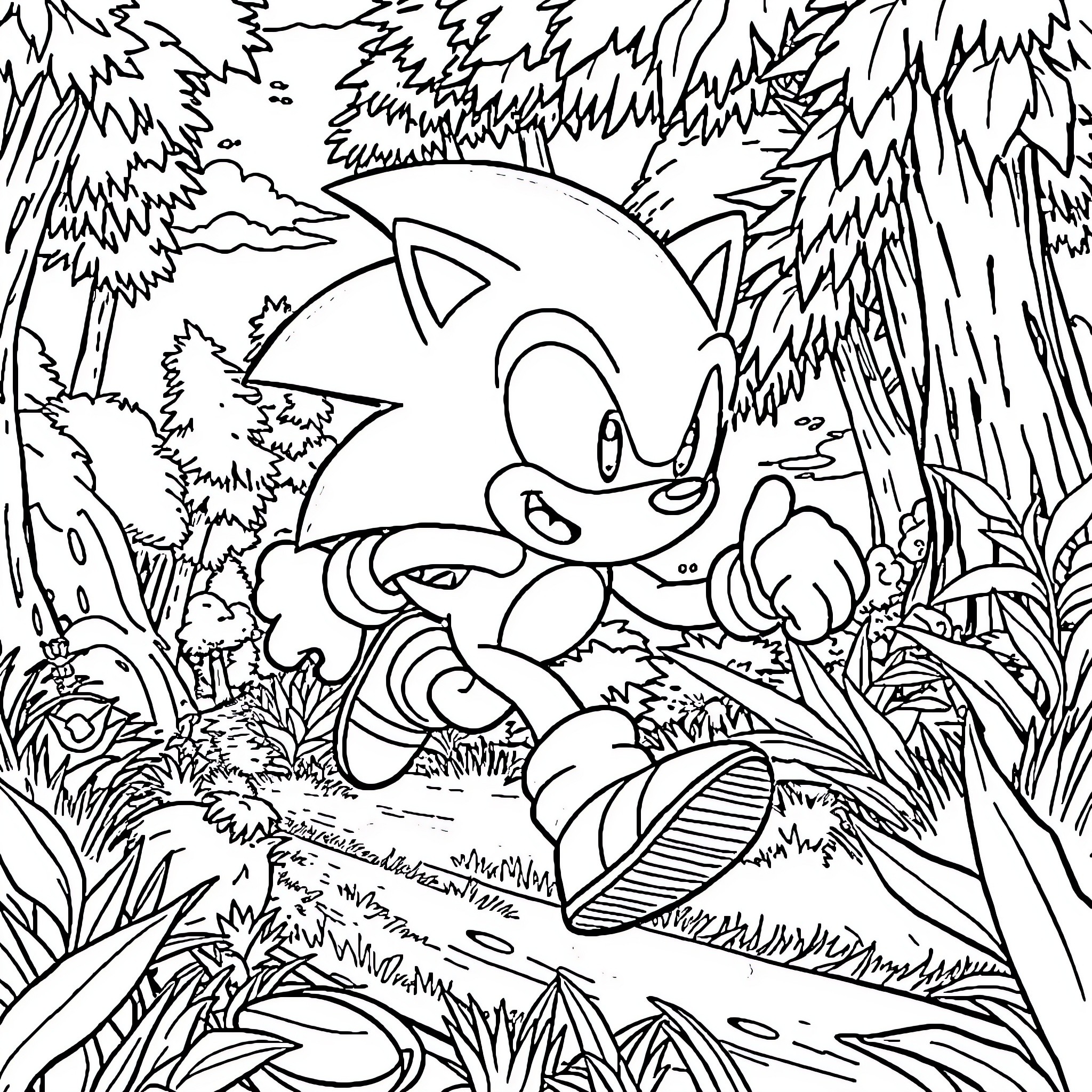 Sonic the Hedgehog exploring the lush forest Coloring Page (free black-and-white line drawing printable PDF for all, from beginners to advanced learners, including children, teens, adults, and seniors)