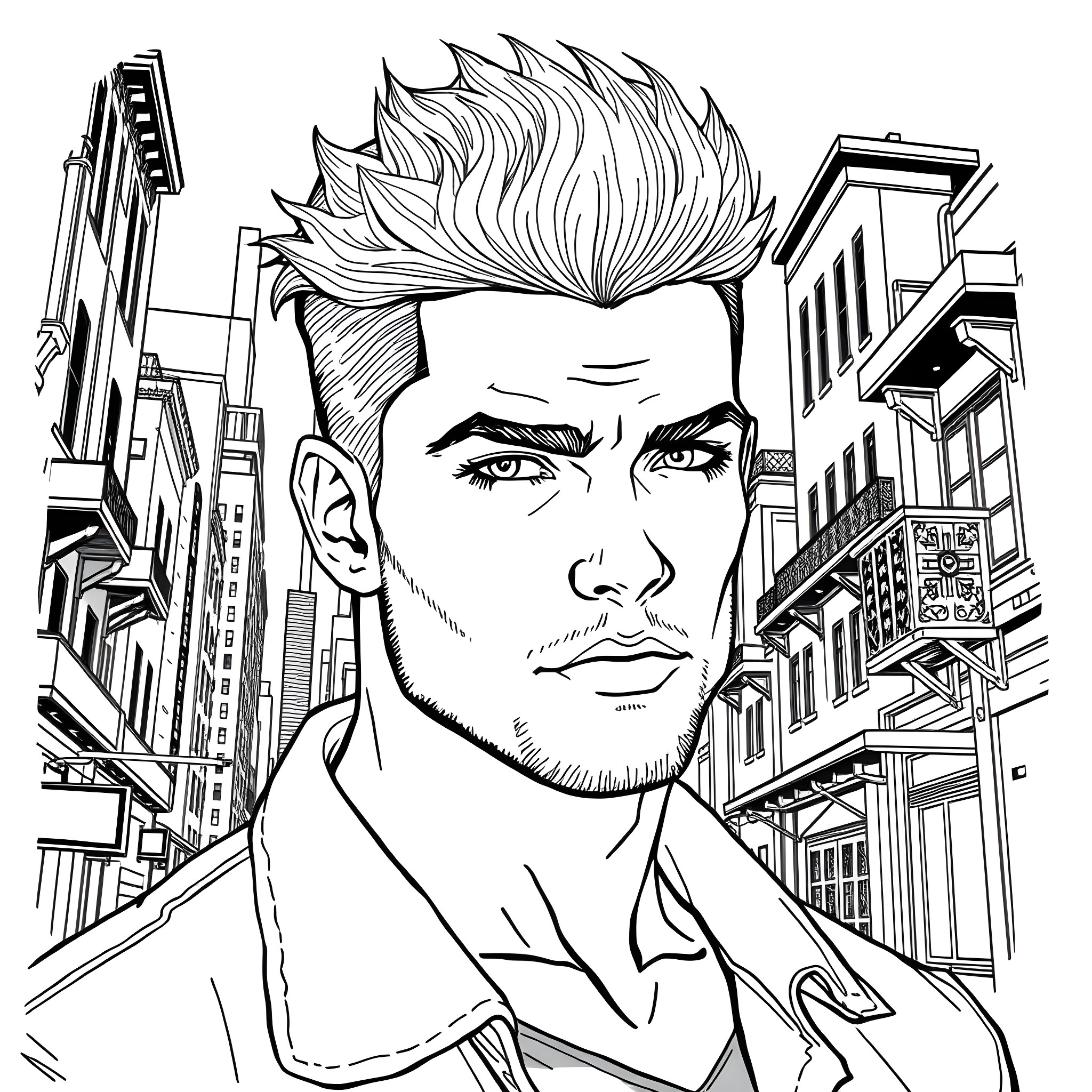 Man in city with striking expression Coloring Page (free black-and-white line drawing printable PDF for all, from beginners to advanced learners, including children, teens, adults, and seniors)