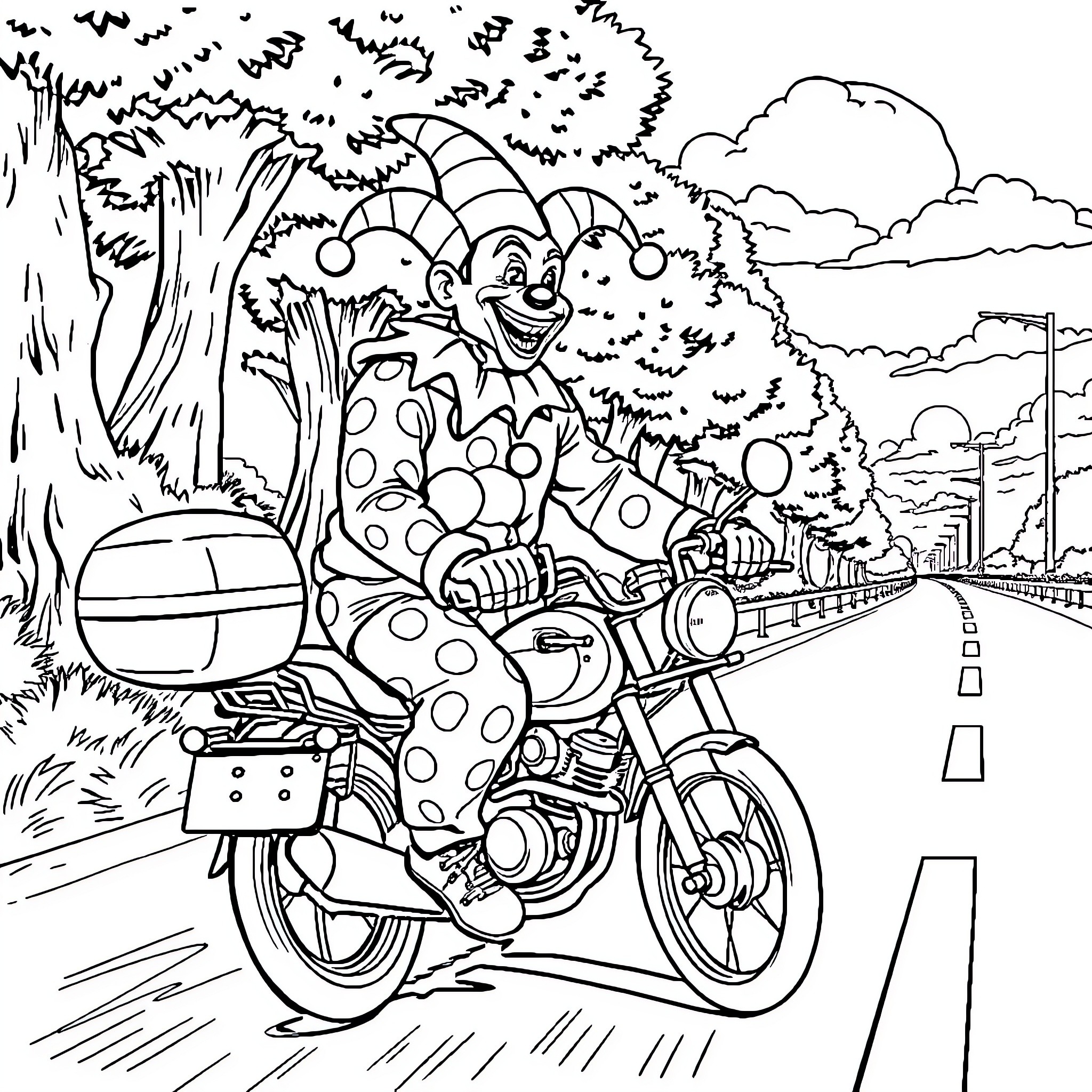 Monkey riding a polka dot motorcycle on a forest path Coloring Page (free black-and-white line drawing printable PDF for all, from beginners to advanced learners, including children, teens, adults, and seniors)