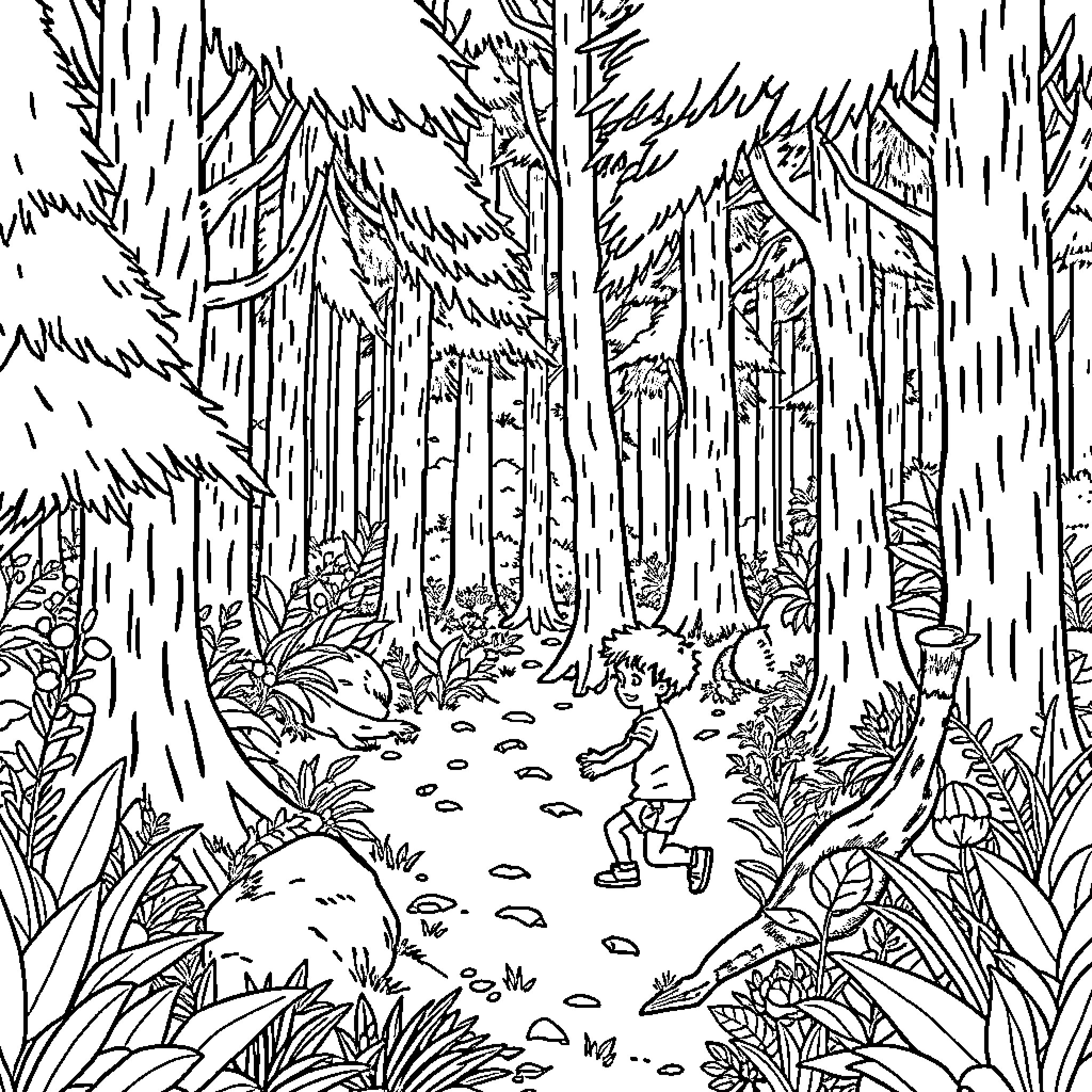 Boy exploring the enchanting forest Coloring Page (free black-and-white line drawing printable PDF for all, from beginners to advanced learners, including children, teens, adults, and seniors)