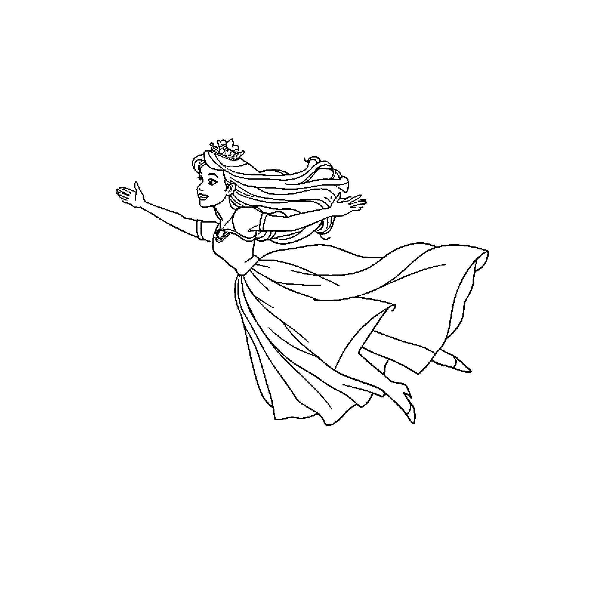Princess dancing gracefully in flowing dress Coloring Page (free black-and-white line drawing printable PDF for all, from beginners to advanced learners, including children, teens, adults, and seniors)