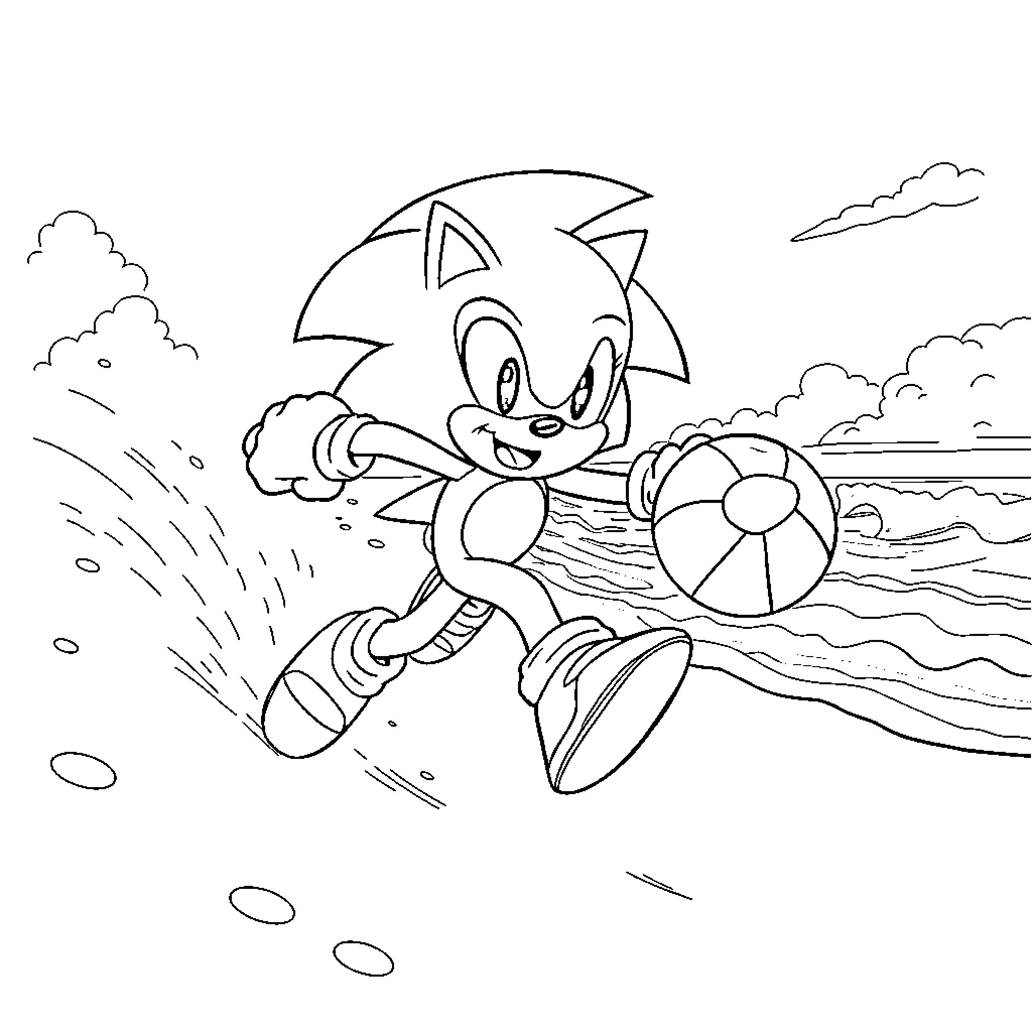 Sonic running happily by the beach with beach ball Coloring Page (free black-and-white line drawing printable PDF for all, from beginners to advanced learners, including children, teens, adults, and seniors)