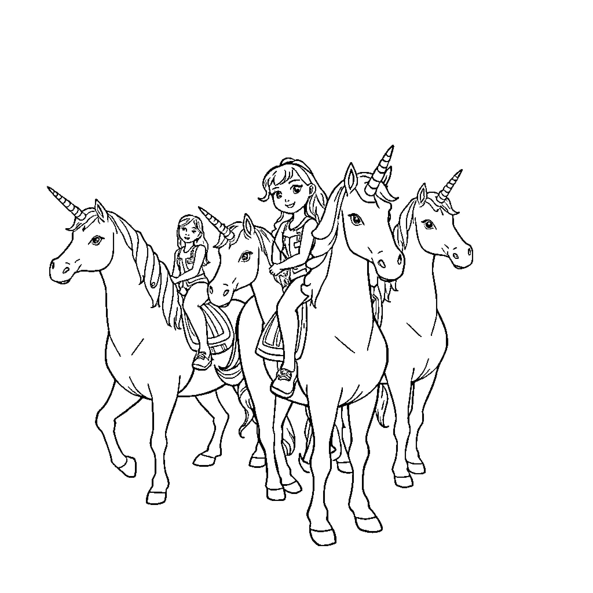 Unicorn Riders Prepare for Adventure Coloring Page (free black-and-white line drawing printable PDF for all, from beginners to advanced learners, including children, teens, adults, and seniors)