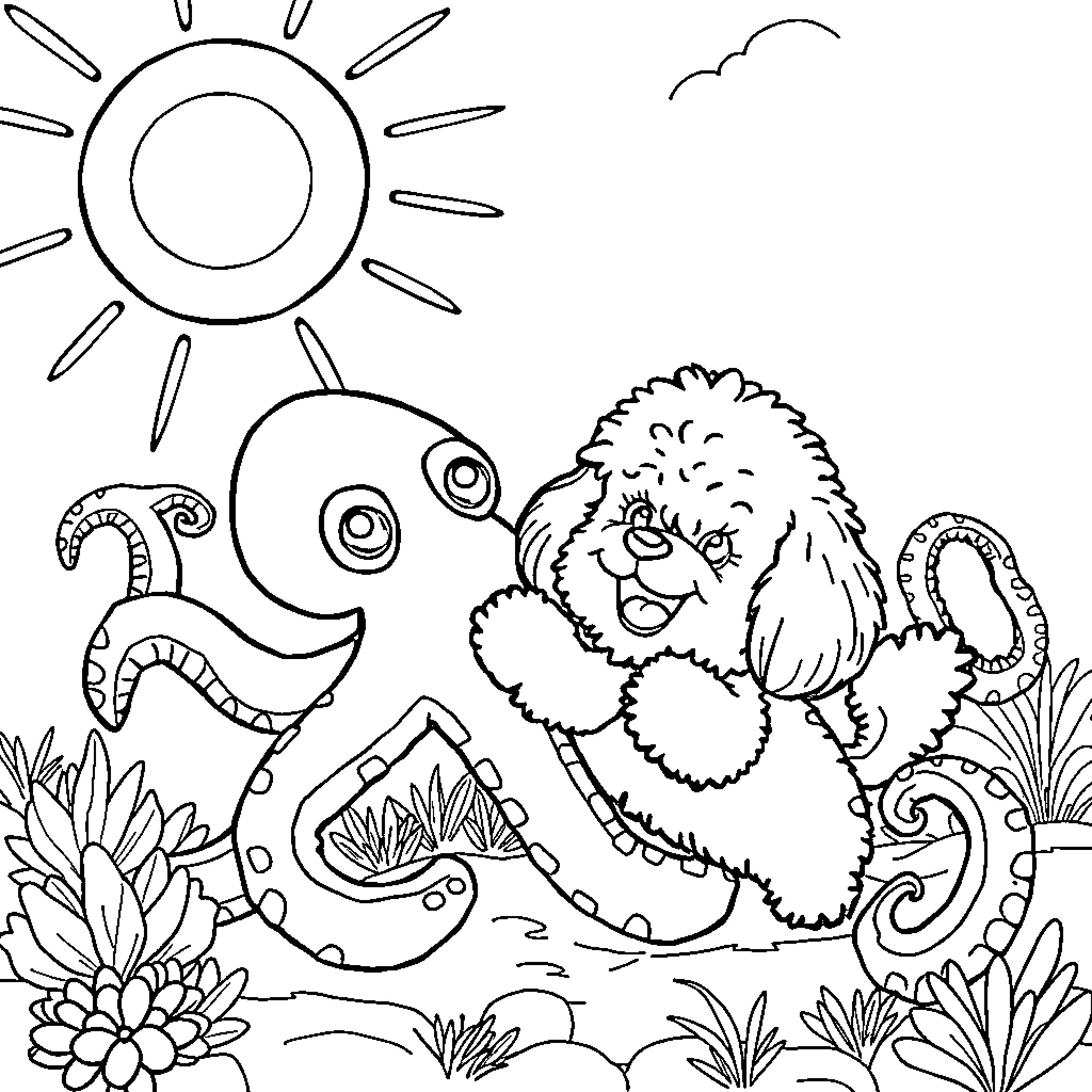 Shipperpoo's Playful Creature Adventure Coloring Page (free black-and-white line drawing printable PDF for all, from beginners to advanced learners, including children, teens, adults, and seniors)