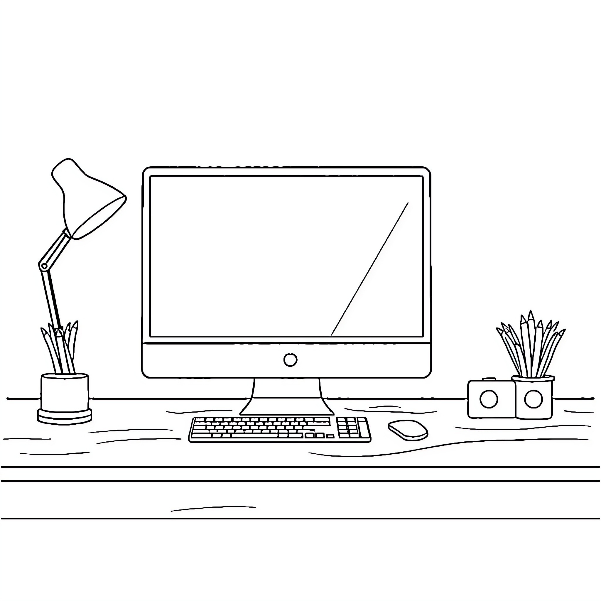 Computer Desk with Workspace and Office Supplies Coloring Page (free black-and-white line drawing printable PDF for all, from beginners to advanced learners, including children, teens, adults, and seniors)