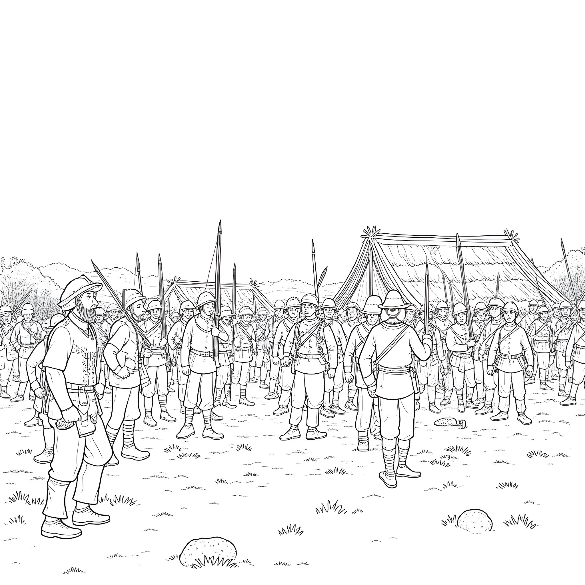 War scene with armed soldiers and makeshift camp Coloring Page (free black-and-white line drawing printable PDF for all, from beginners to advanced learners, including children, teens, adults, and seniors)