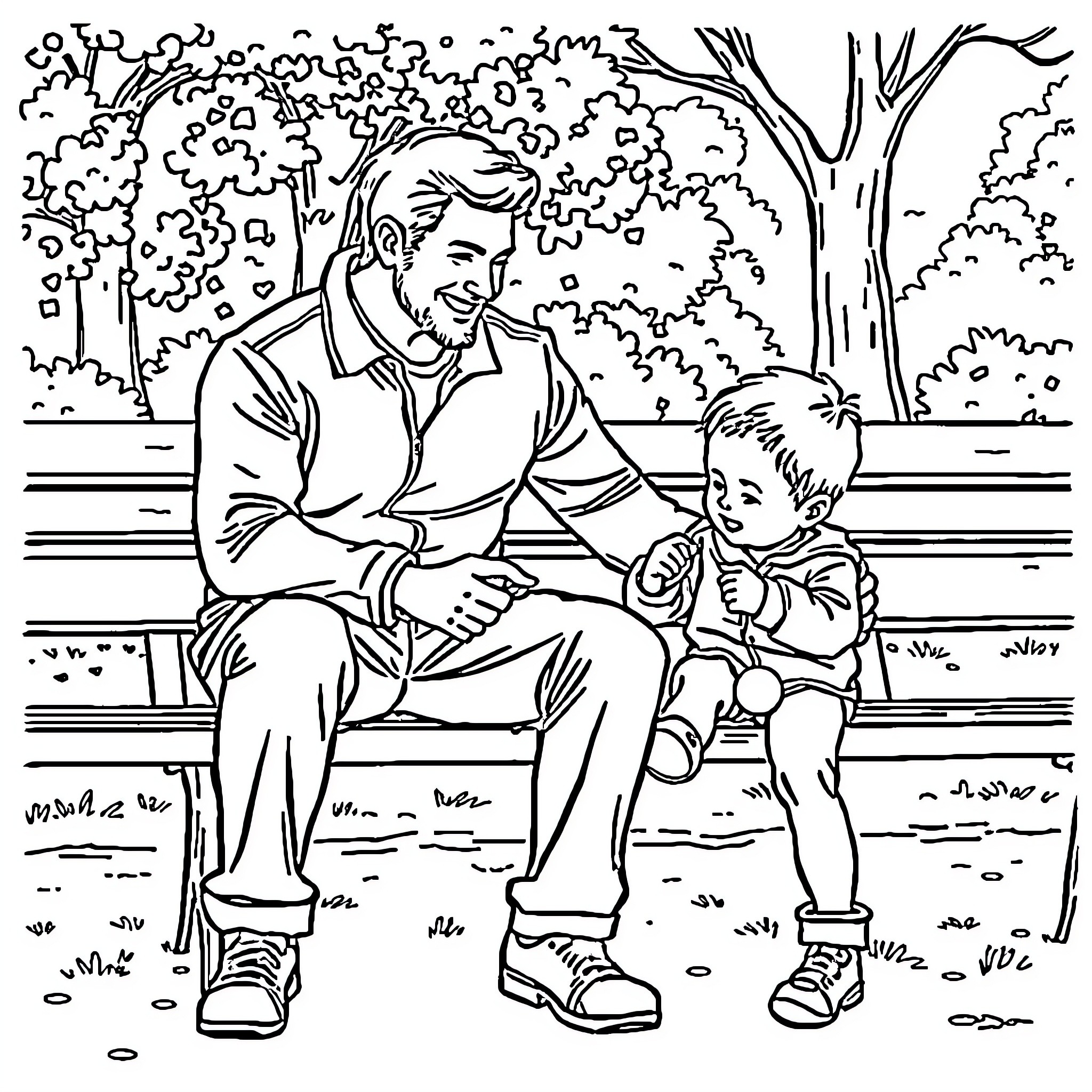 Father sharing a moment with his child in nature Coloring Page (free black-and-white line drawing printable PDF for all, from beginners to advanced learners, including children, teens, adults, and seniors)