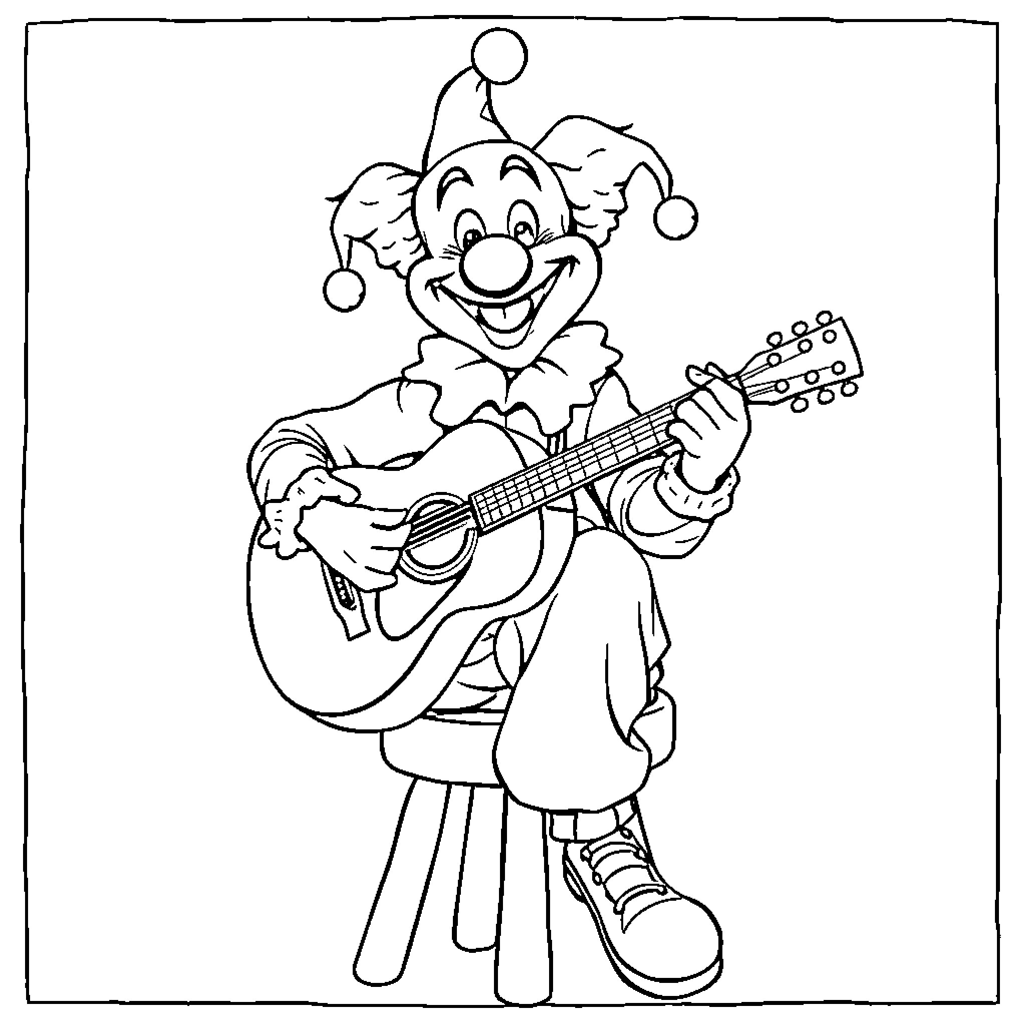 Art The Clown Playing Guitar and Entertaining Coloring Page (free black-and-white line drawing printable PDF for all, from beginners to advanced learners, including children, teens, adults, and seniors)