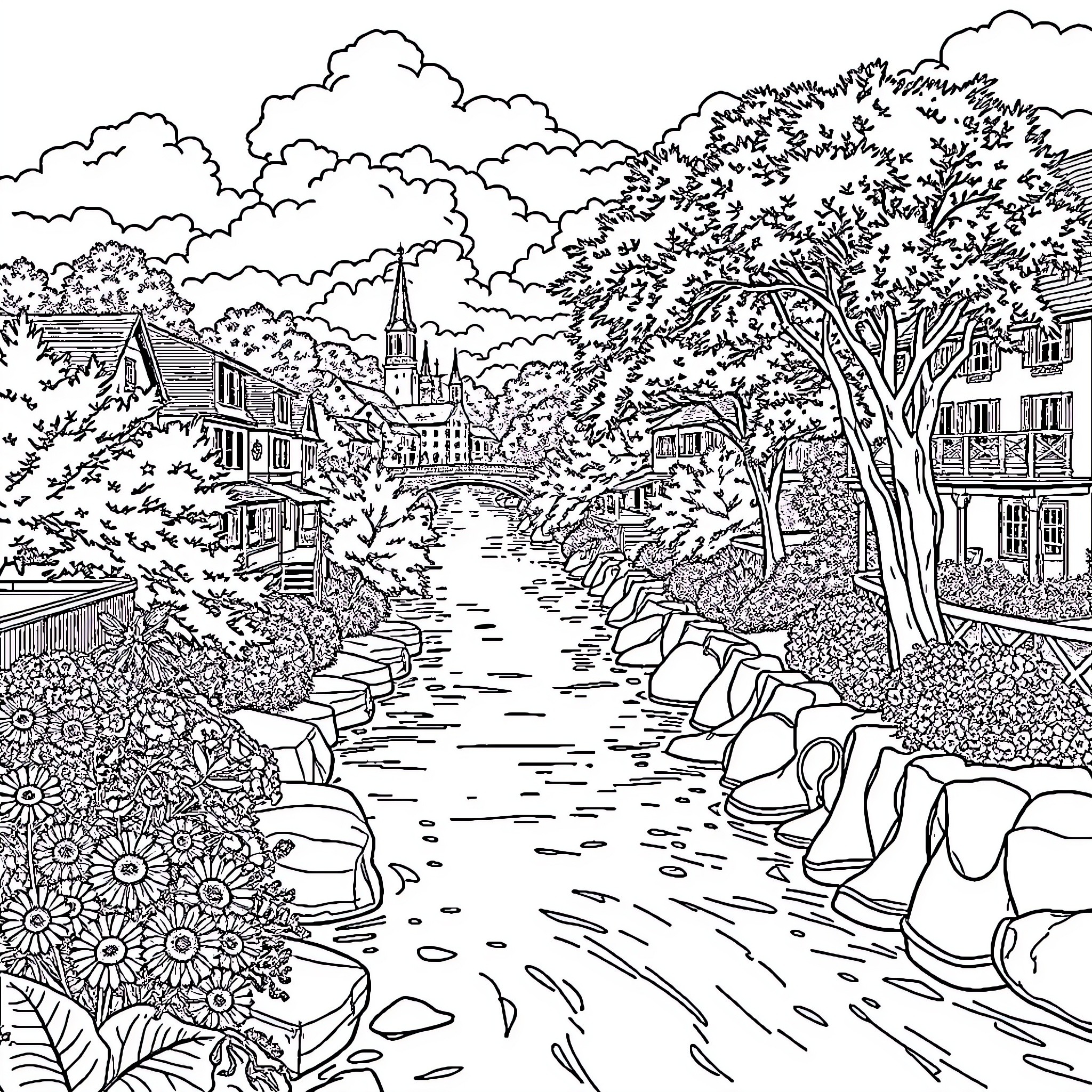 River flowing through a scenic town landscape Coloring Page (free black-and-white line drawing printable PDF for all, from beginners to advanced learners, including children, teens, adults, and seniors)