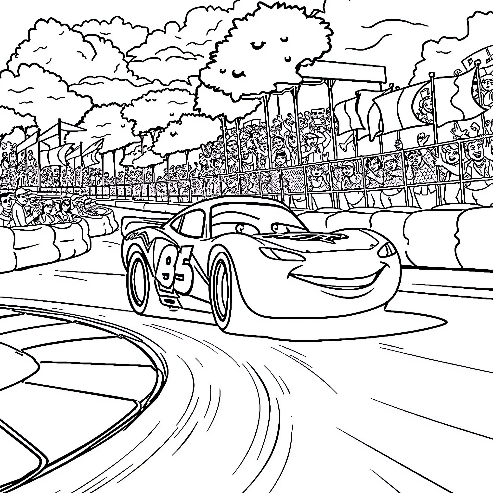 Lightning McQueen in an exciting racing event Coloring Page (free black-and-white line drawing printable PDF for all, from beginners to advanced learners, including children, teens, adults, and seniors)