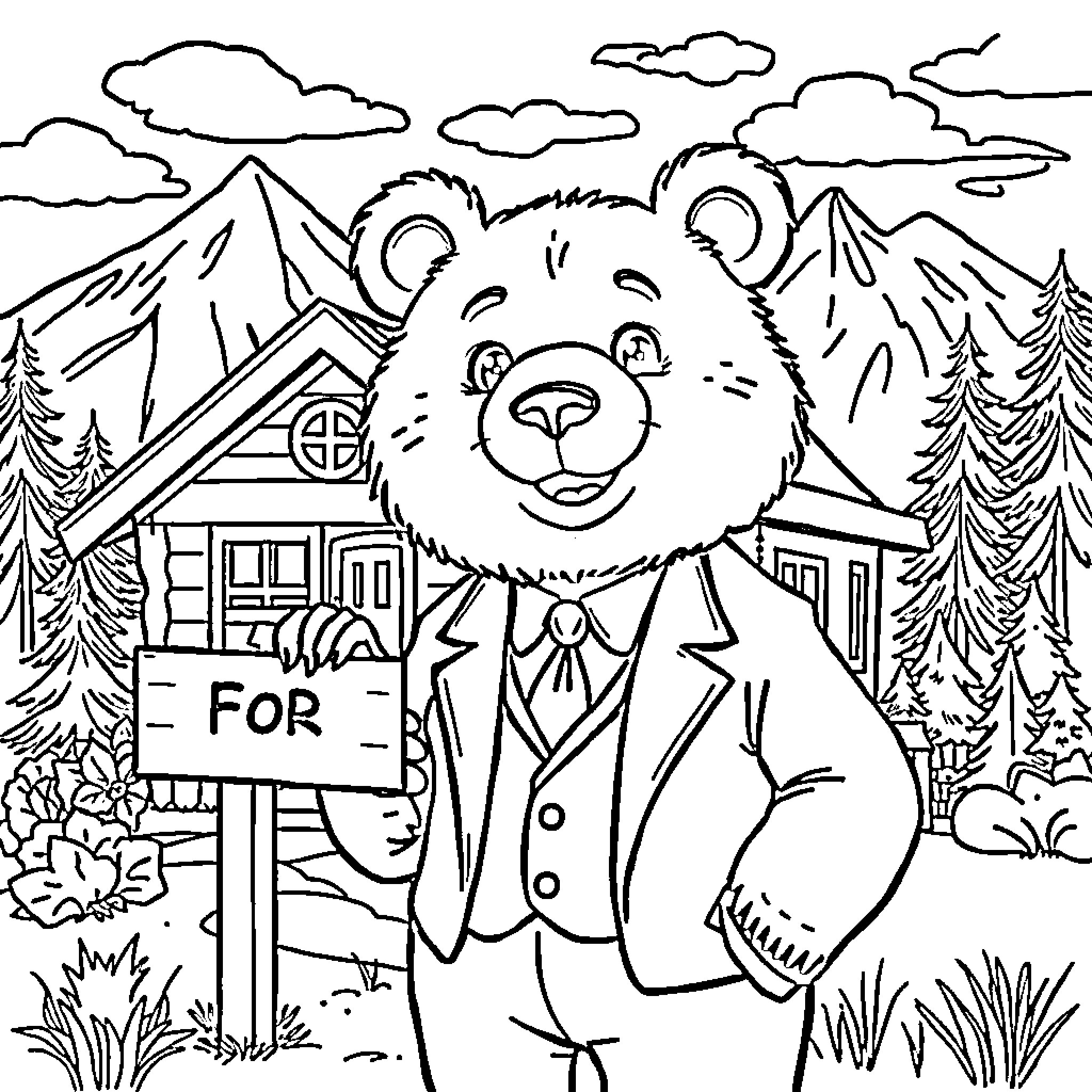 Bear standing near sign in forest landscape Coloring Page (free black-and-white line drawing printable PDF for all, from beginners to advanced learners, including children, teens, adults, and seniors)