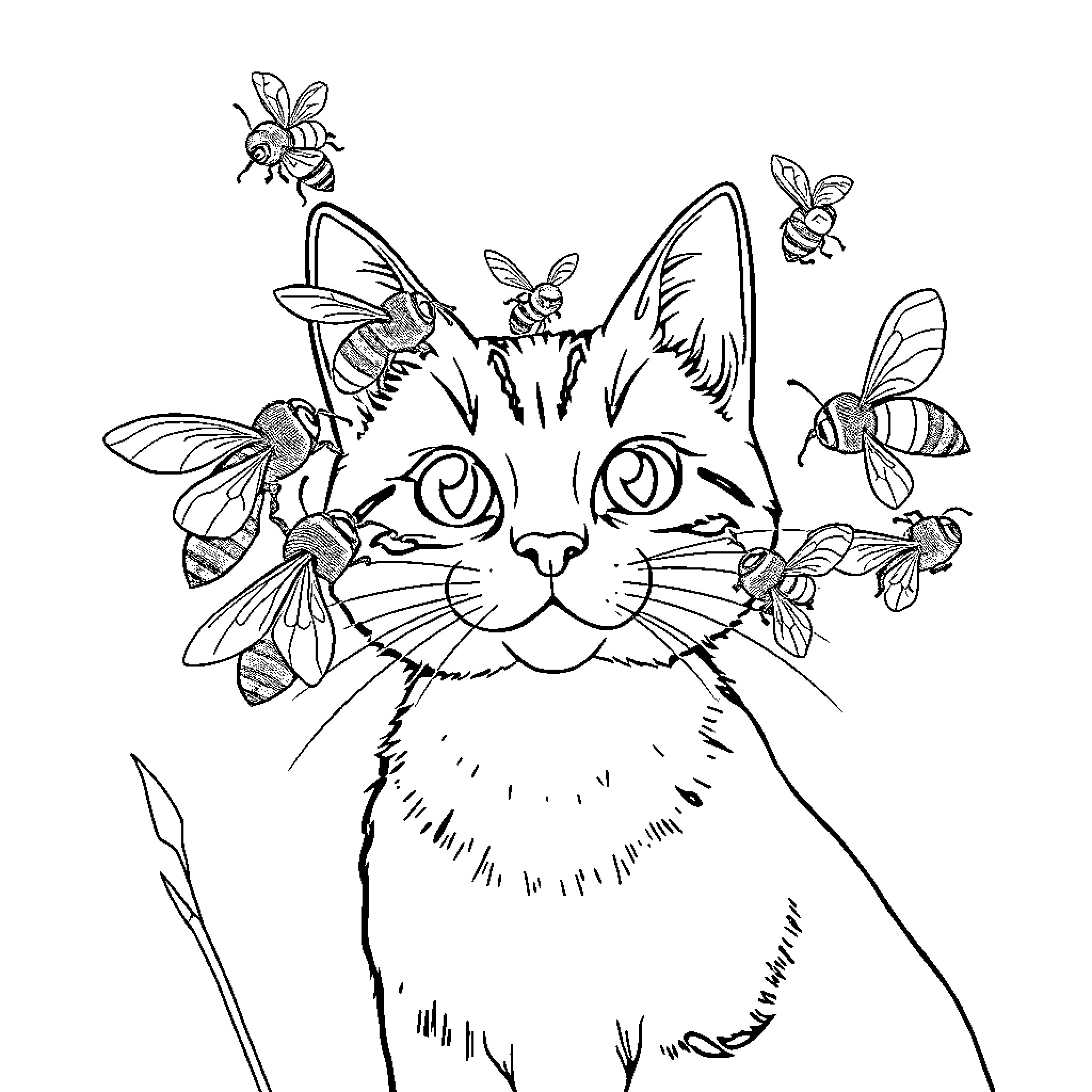 Bee-utiful Cat with Buzzing Bees Coloring Page (free black-and-white line drawing printable PDF for all, from beginners to advanced learners, including children, teens, adults, and seniors)