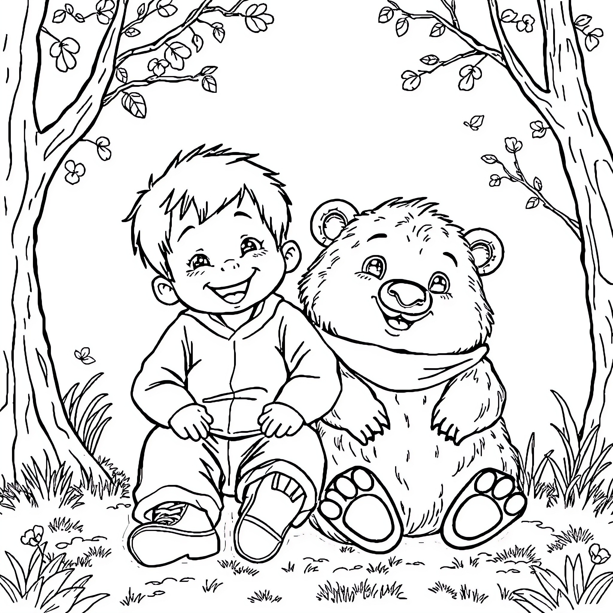 Boy playing happily with teddy bear in nature Coloring Page (free black-and-white line drawing printable PDF for all, from beginners to advanced learners, including children, teens, adults, and seniors)