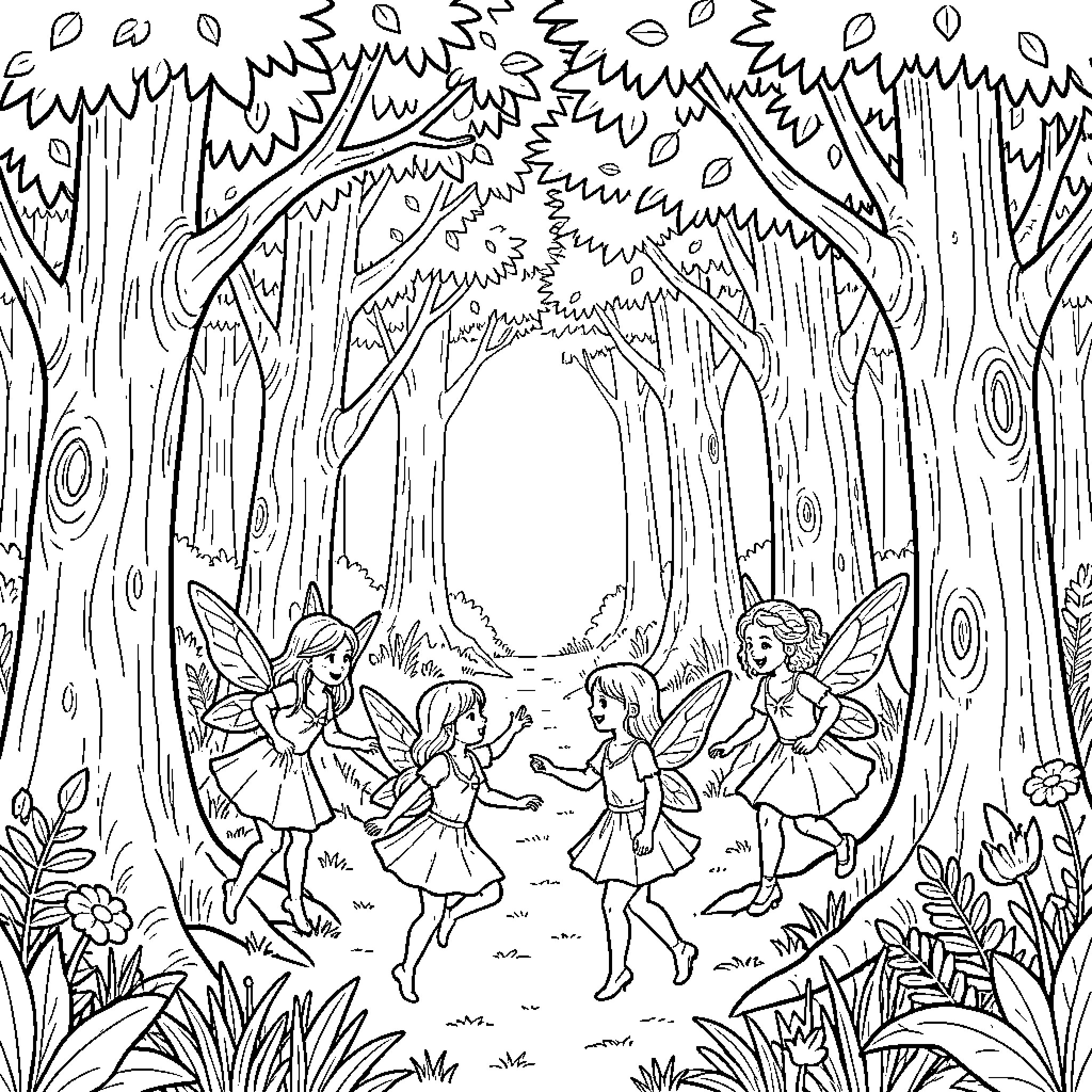 Faerie friends dancing joyfully in a magical forest Coloring Page (free black-and-white line drawing printable PDF for all, from beginners to advanced learners, including children, teens, adults, and seniors)