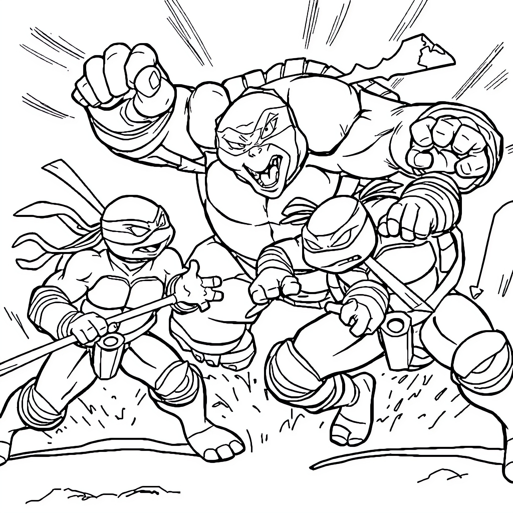 Ninja Turtles in action-packed combat scene Coloring Page (free black-and-white line drawing printable PDF for all, from beginners to advanced learners, including children, teens, adults, and seniors)