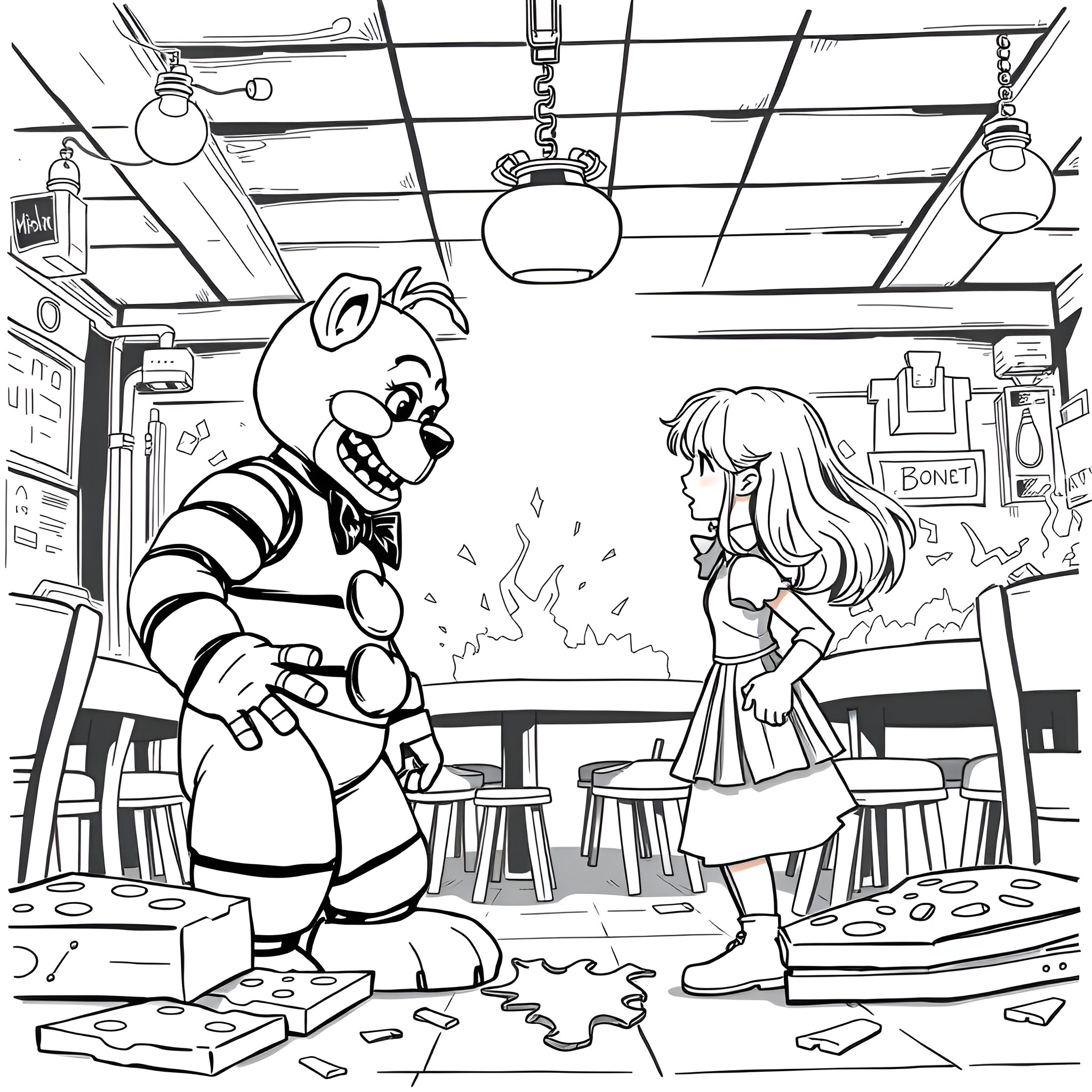 Freddy Fazbear interacting with girl in messy diner Coloring Page (free black-and-white line drawing printable PDF for all, from beginners to advanced learners, including children, teens, adults, and seniors)