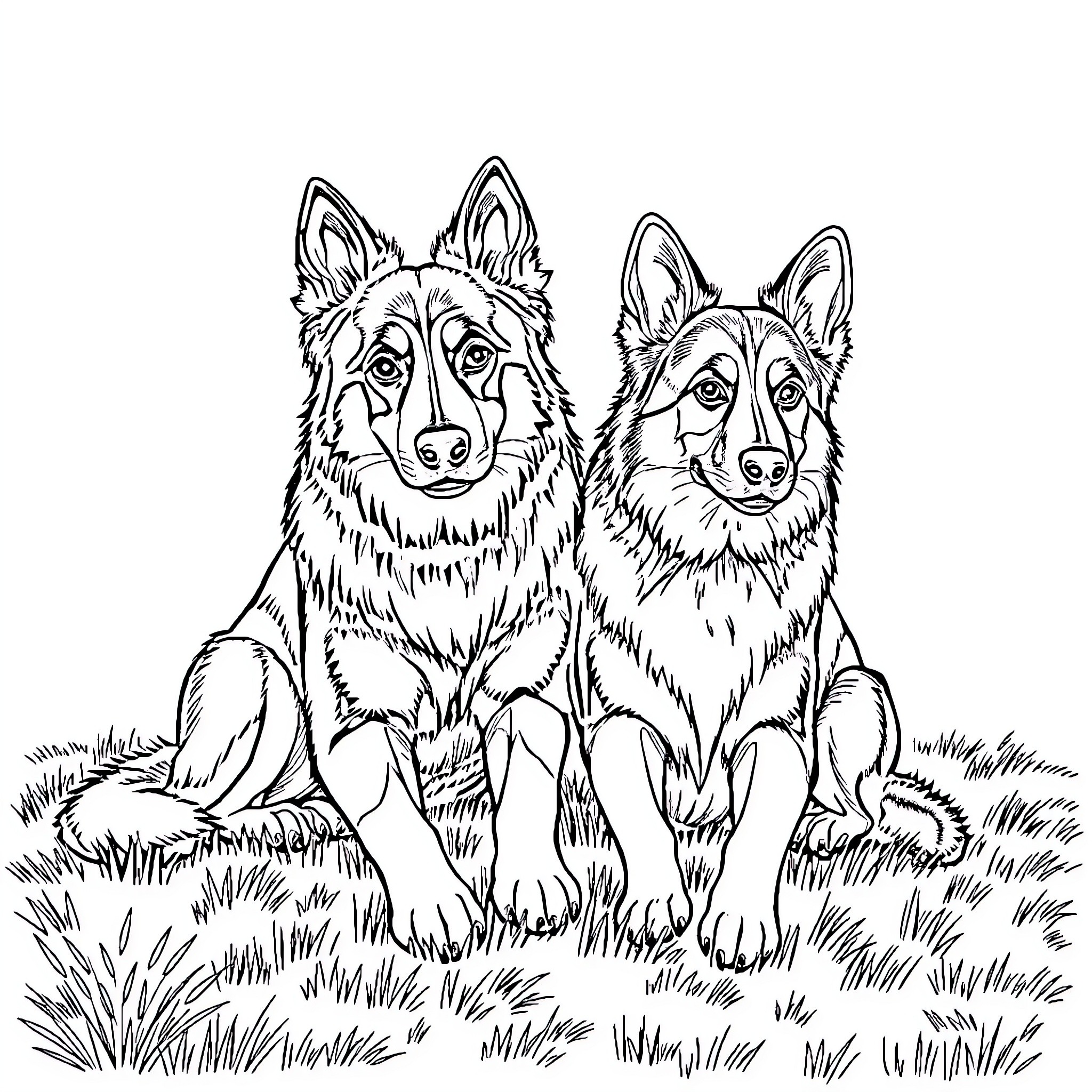 Dogs Sitting Adorably in the Grass Coloring Page (free black-and-white line drawing printable PDF for all, from beginners to advanced learners, including children, teens, adults, and seniors)