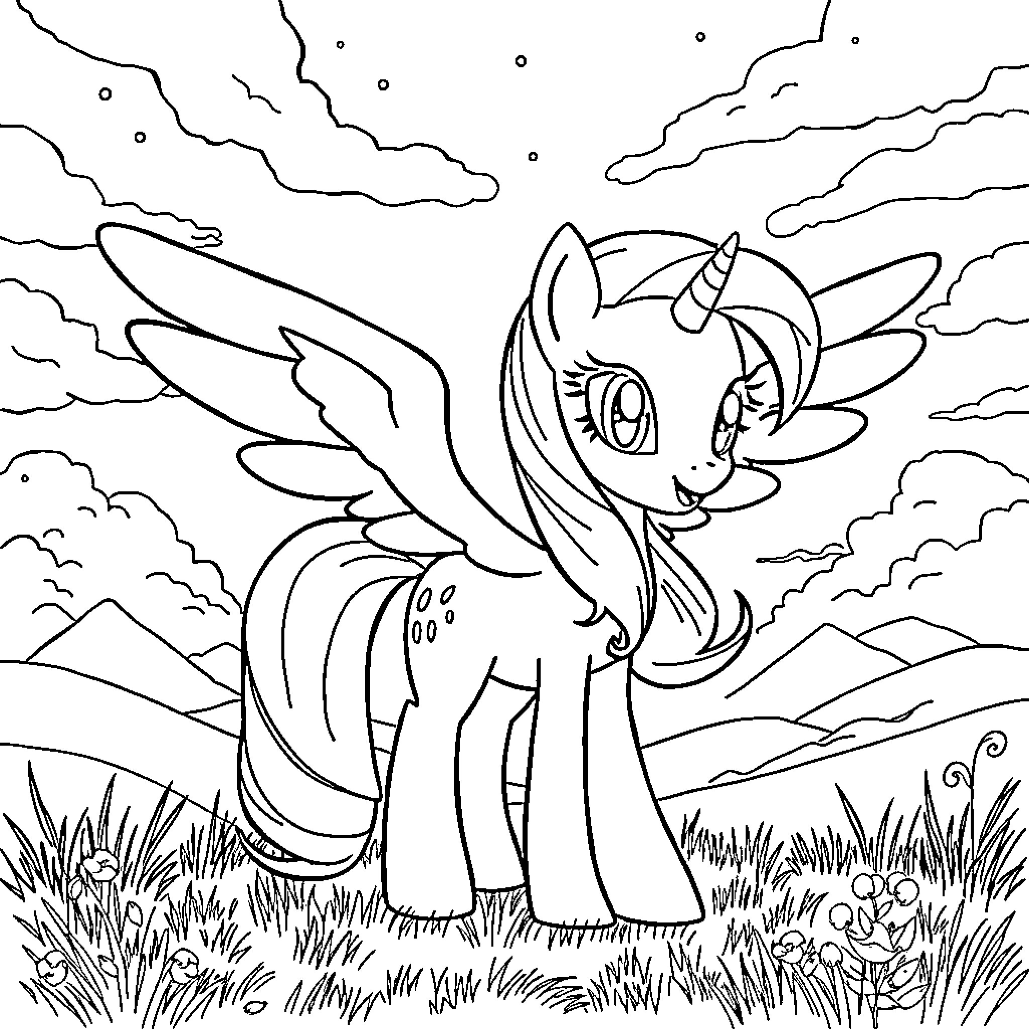 Twilight Sparkle in a scenic outdoor setting Coloring Page (free black-and-white line drawing printable PDF for all, from beginners to advanced learners, including children, teens, adults, and seniors)