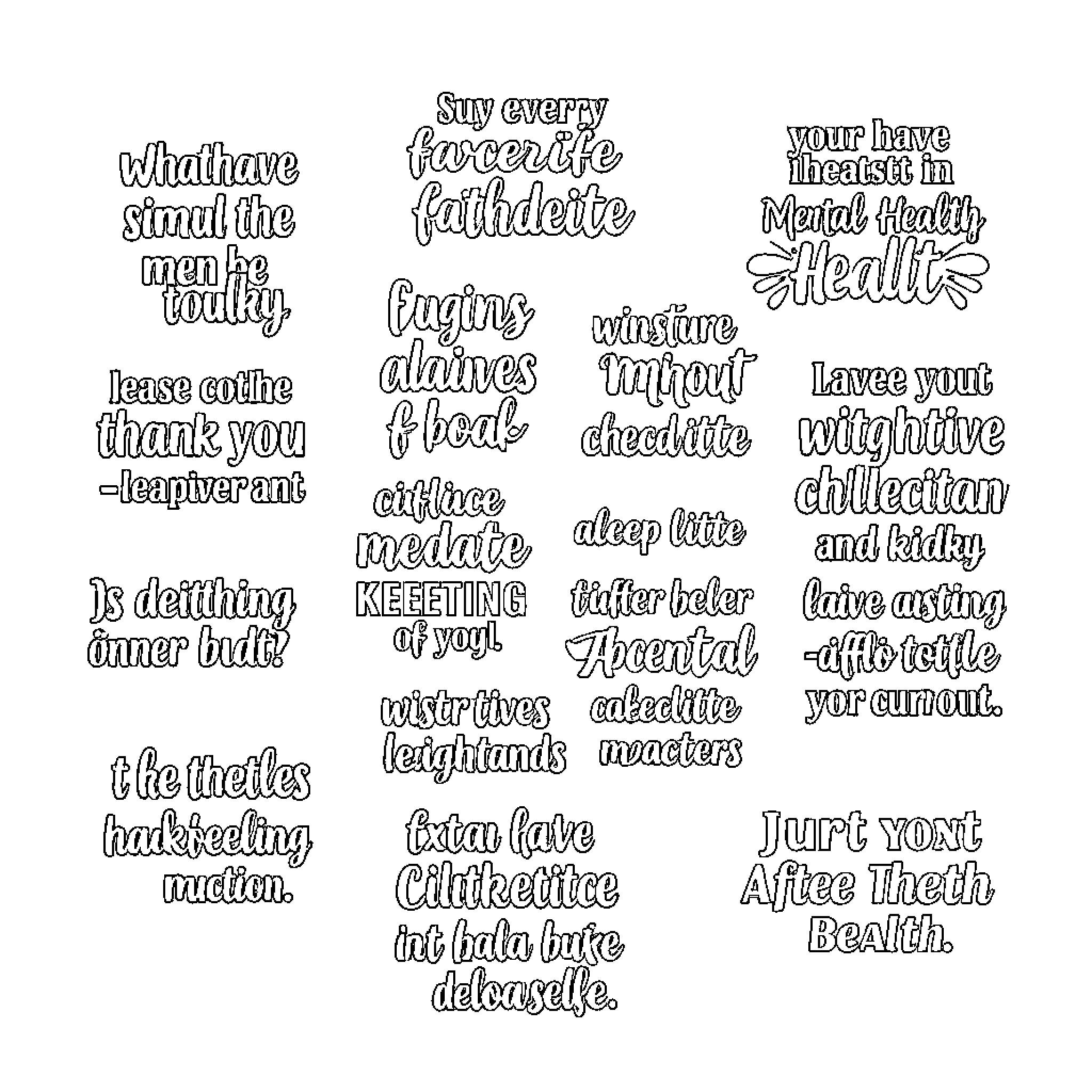 Mental Health Words of Encouragement Coloring Page (free black-and-white line drawing printable PDF for all, from beginners to advanced learners, including children, teens, adults, and seniors)