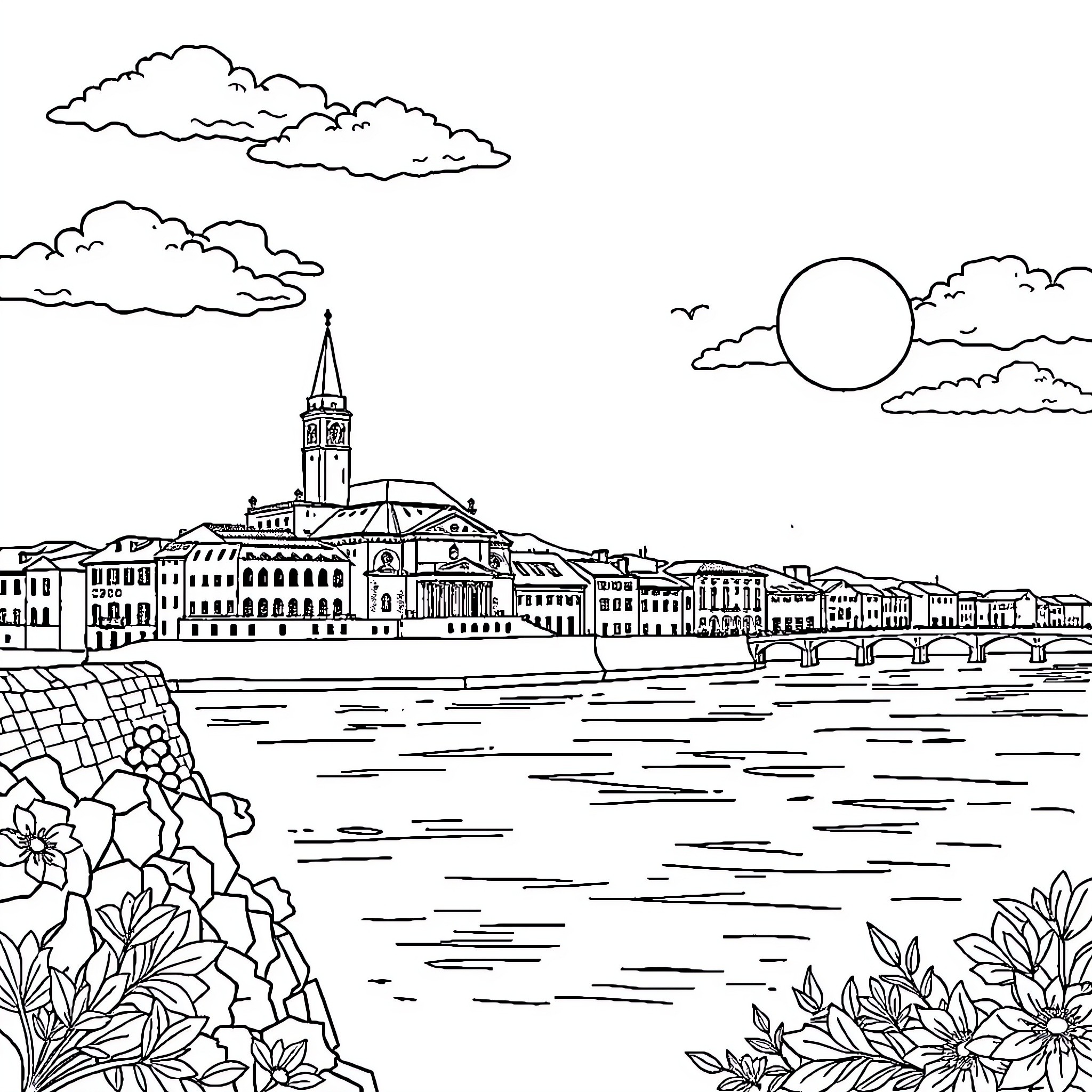Portugal's Seaside Town with Iconic Architecture Coloring Page (free black-and-white line drawing printable PDF for all, from beginners to advanced learners, including children, teens, adults, and seniors)
