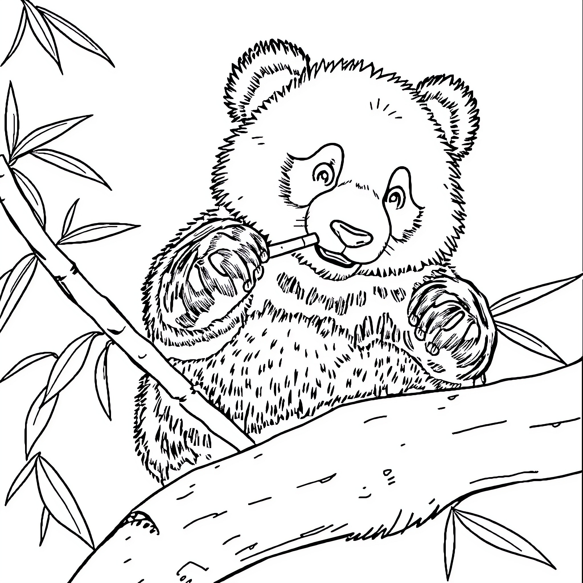 Panda enjoying a peaceful rest in the bamboo forest Coloring Page (free black-and-white line drawing printable PDF for all, from beginners to advanced learners, including children, teens, adults, and seniors)