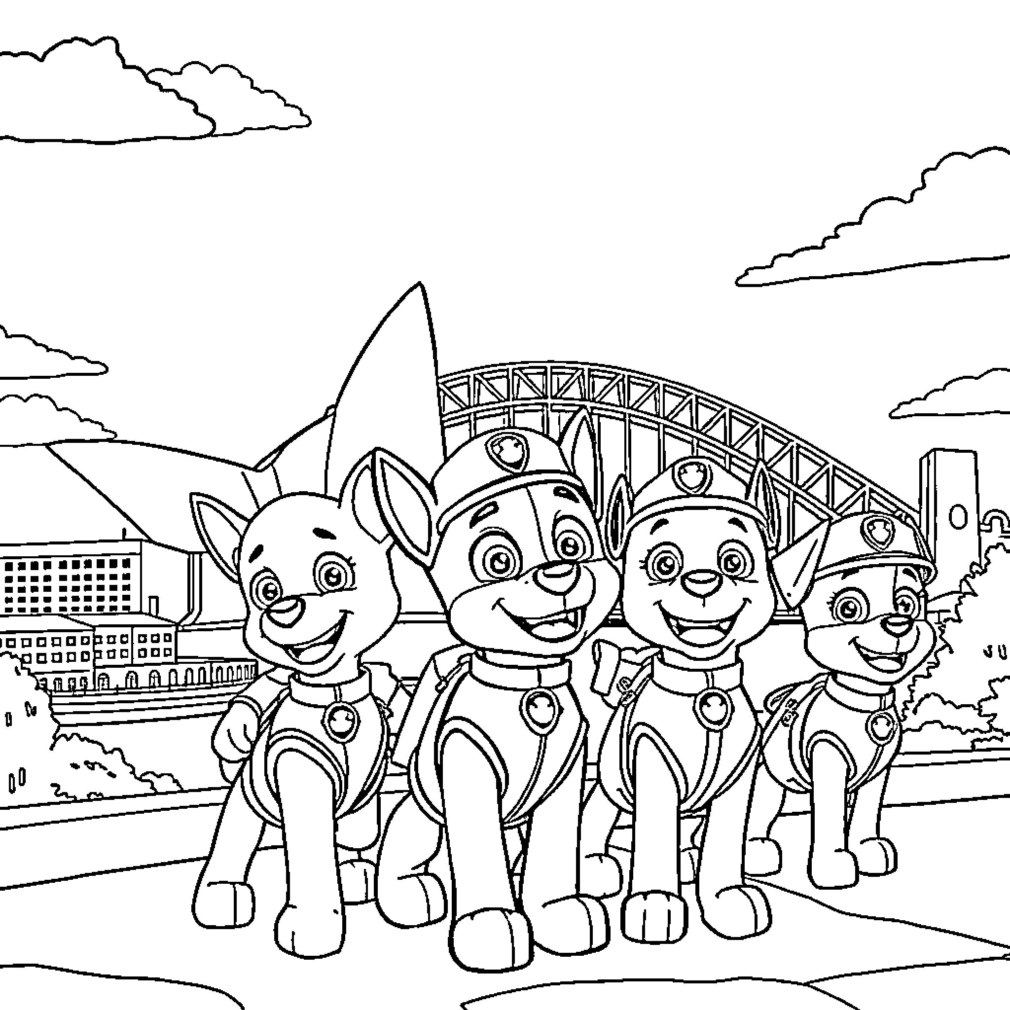 Paw Patrol team exploring the city Coloring Page (free black-and-white line drawing printable PDF for all, from beginners to advanced learners, including children, teens, adults, and seniors)