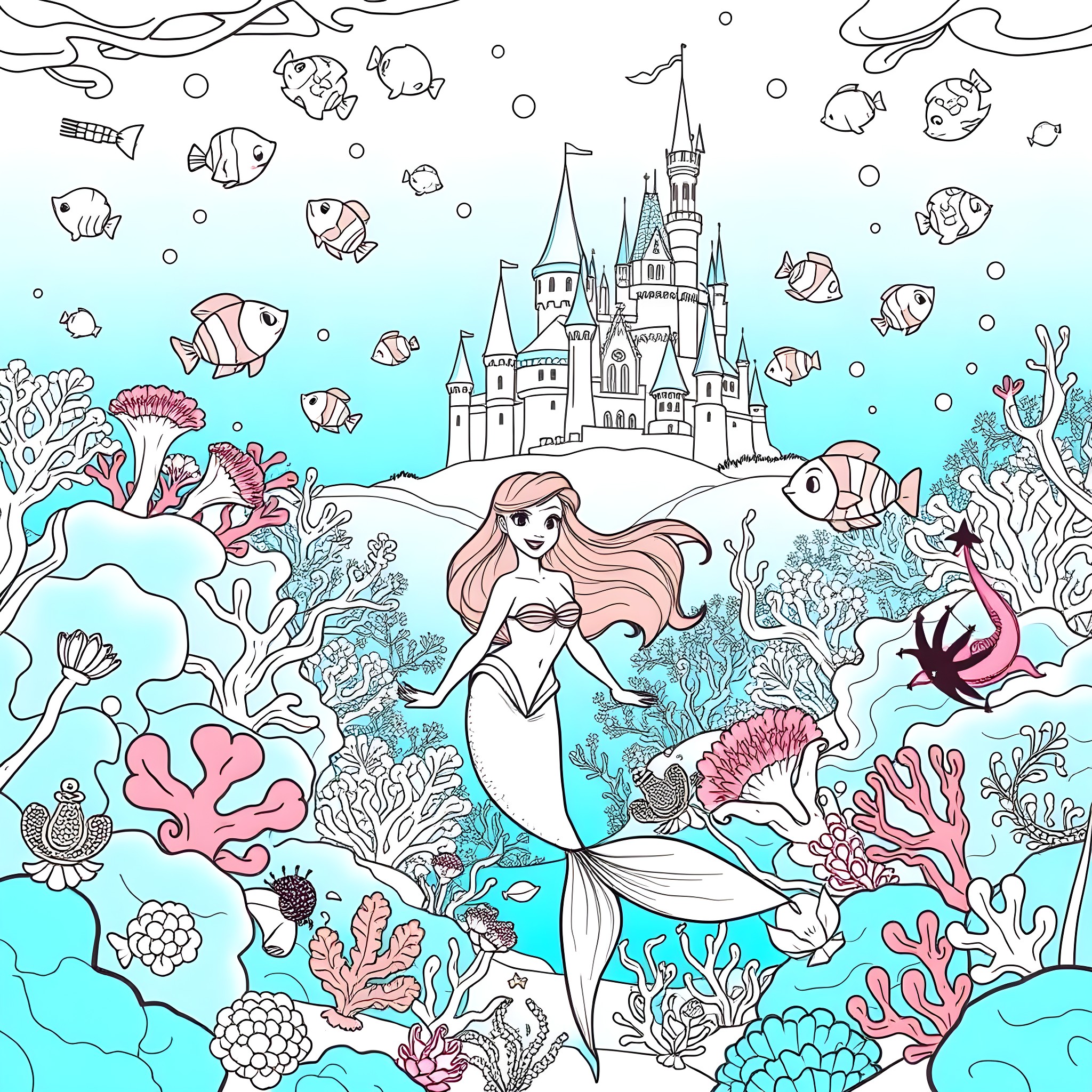 Mermaid exploring the underwater castle and marine life Coloring Page (free black-and-white line drawing printable PDF for all, from beginners to advanced learners, including children, teens, adults, and seniors)