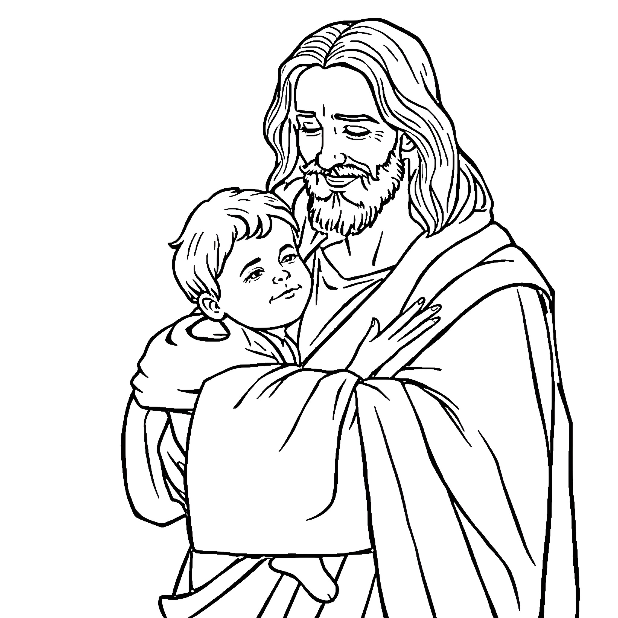 Jesus Embracing a Child with Compassion Coloring Page (free black-and-white line drawing printable PDF for all, from beginners to advanced learners, including children, teens, adults, and seniors)